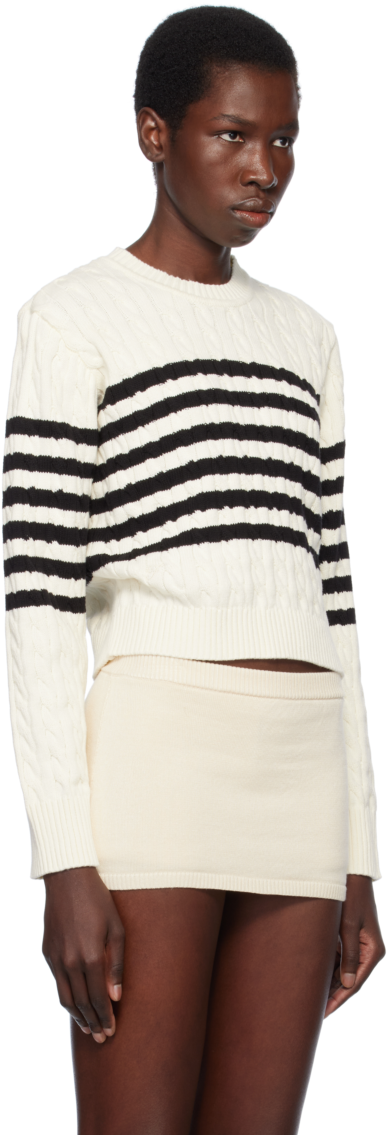FRANKIES BIKINIS OFF-WHITE VARSITY STRIPED CABLE KNIT SWEATER 