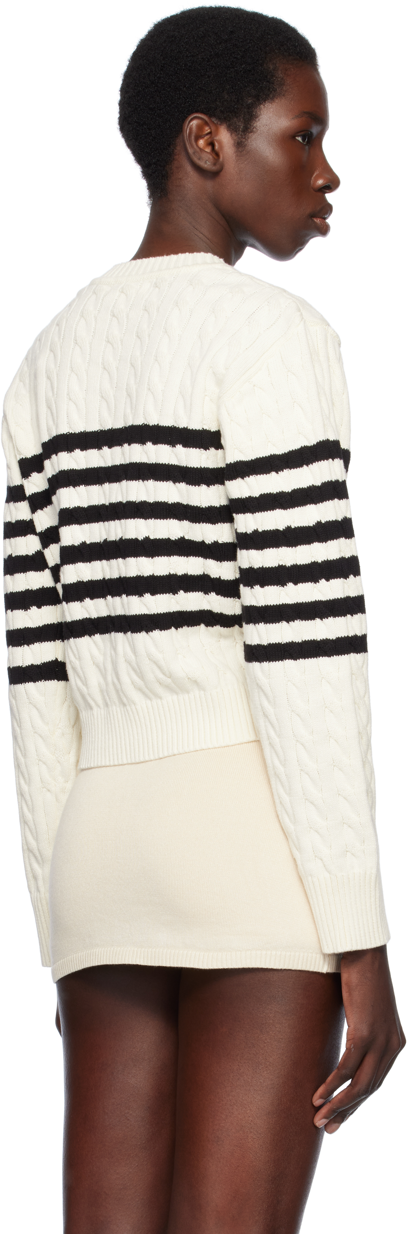 FRANKIES BIKINIS OFF-WHITE VARSITY STRIPED CABLE KNIT SWEATER 