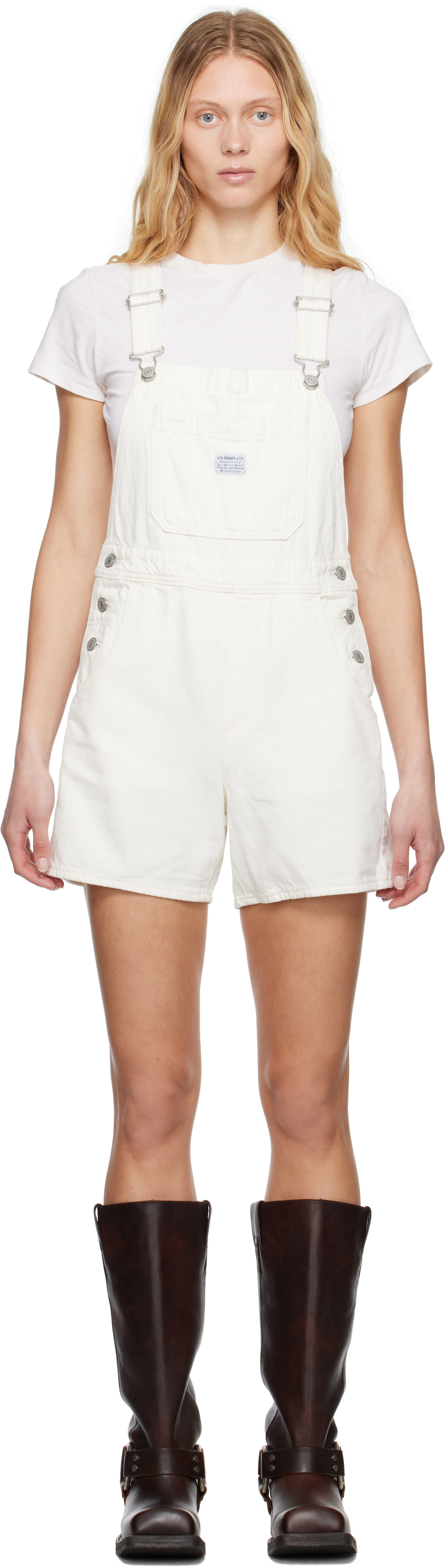 White Utility Short Denim Overalls