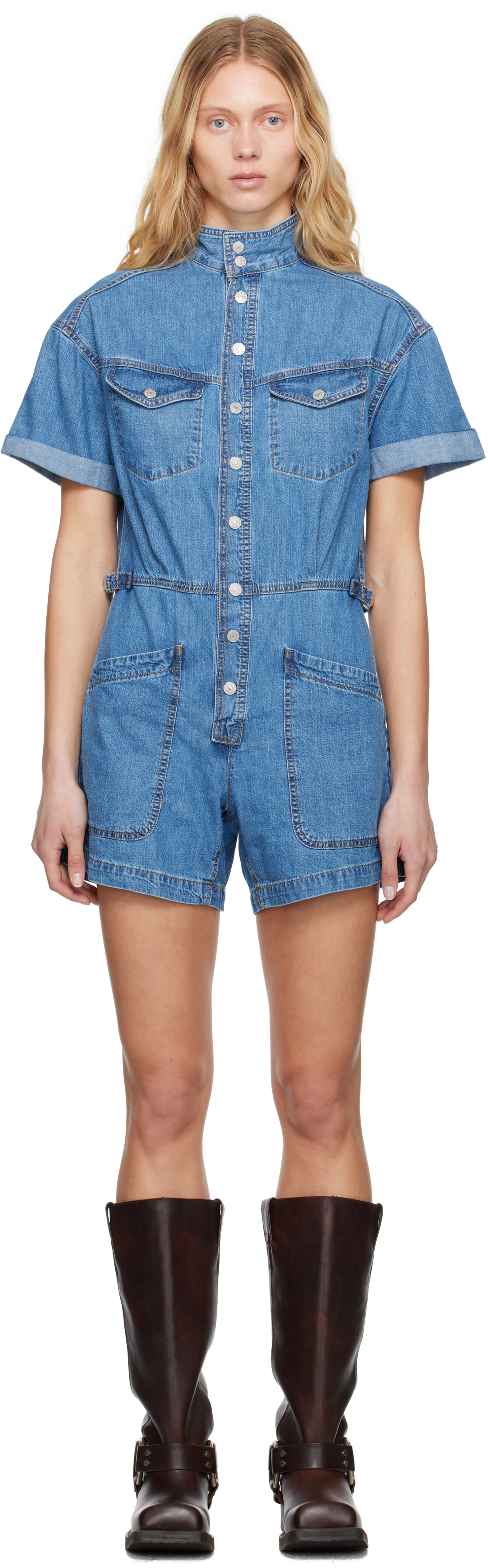 Blue Short Sleeve Surplus Denim Romper