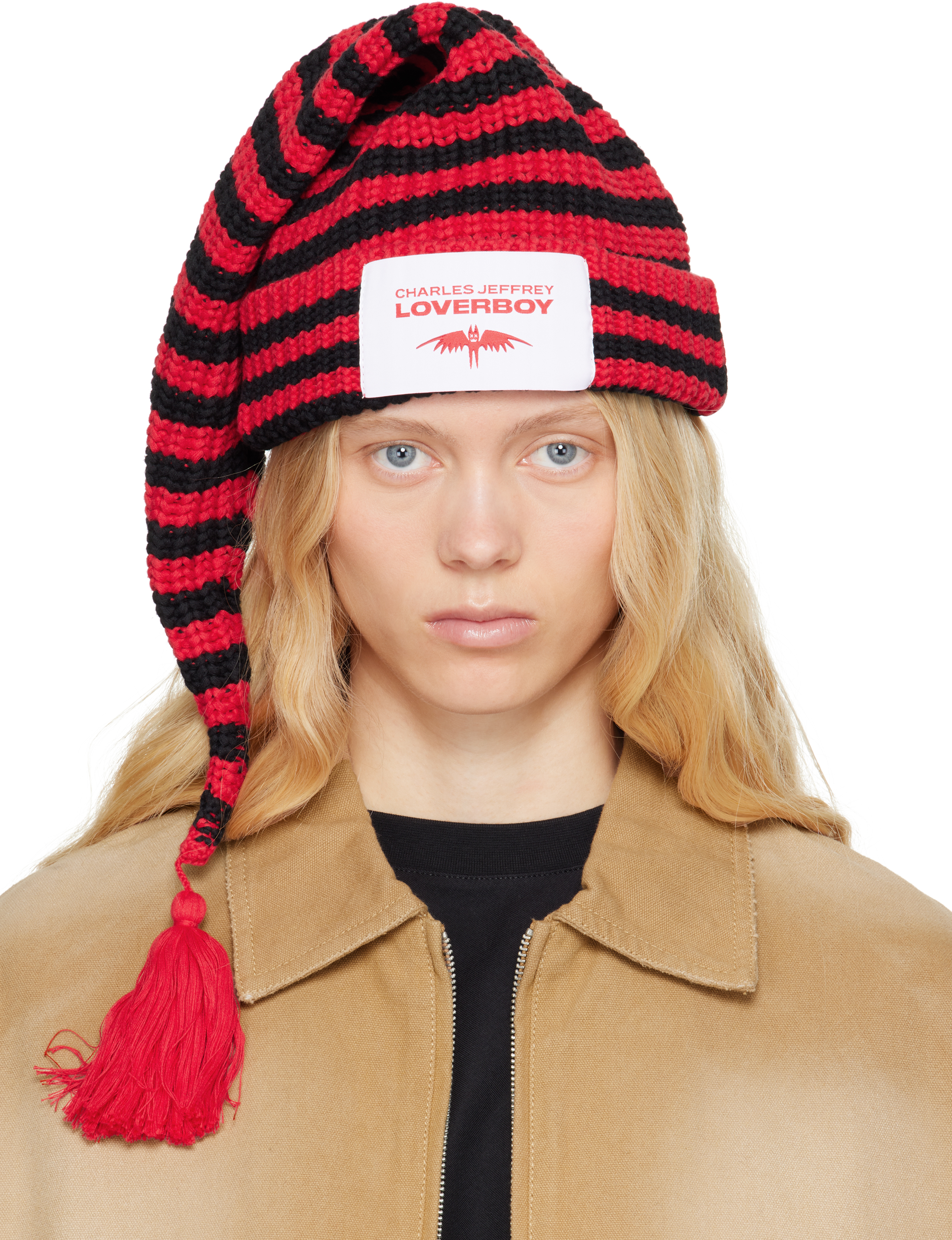 Charles Jeffrey LOVERBOY: Red & Black Sloppy Giuseppe Beanie Charles Jeffrey LOVERBOY: Red & Black Sloppy Giuseppe Beanie