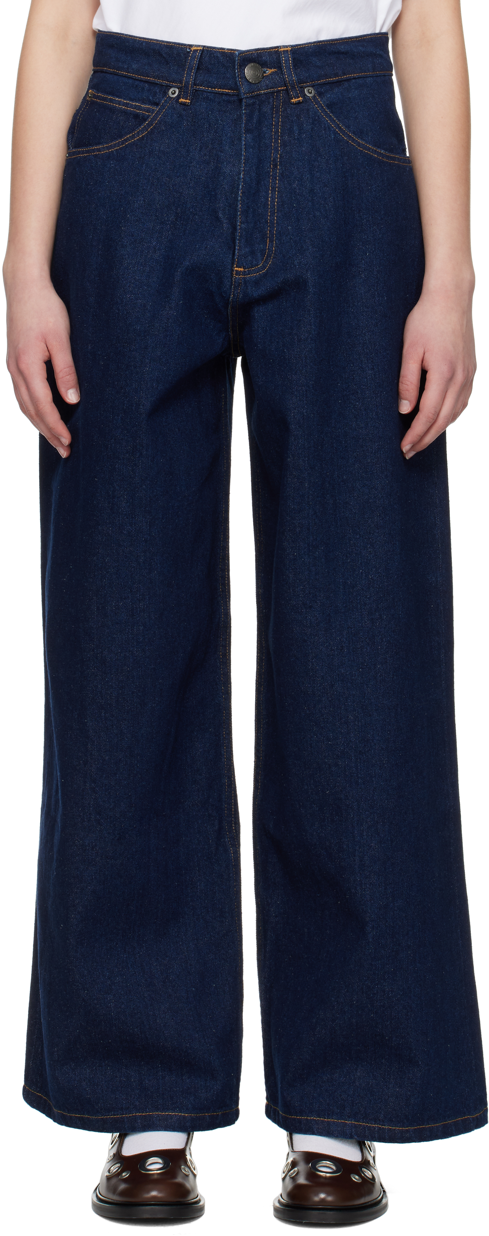 Navy Knit Patch Wide Leg Jeans