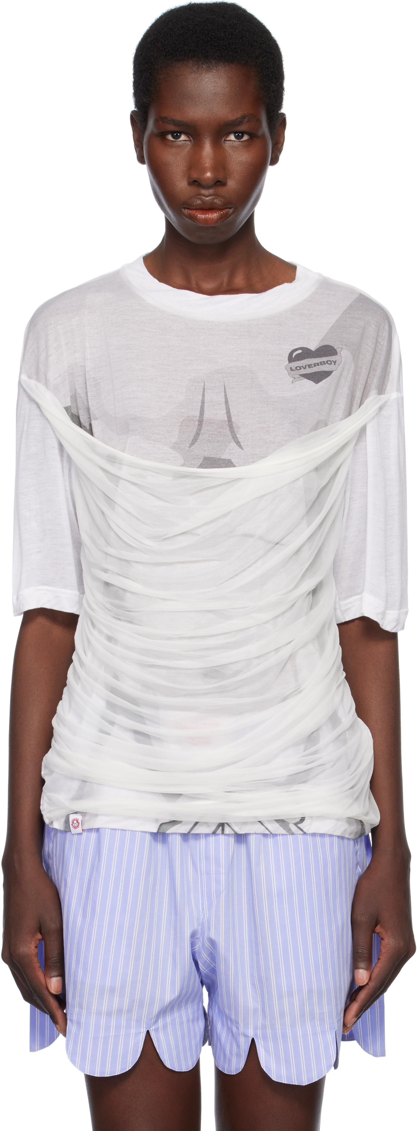 White Draped Mesh T-shirt