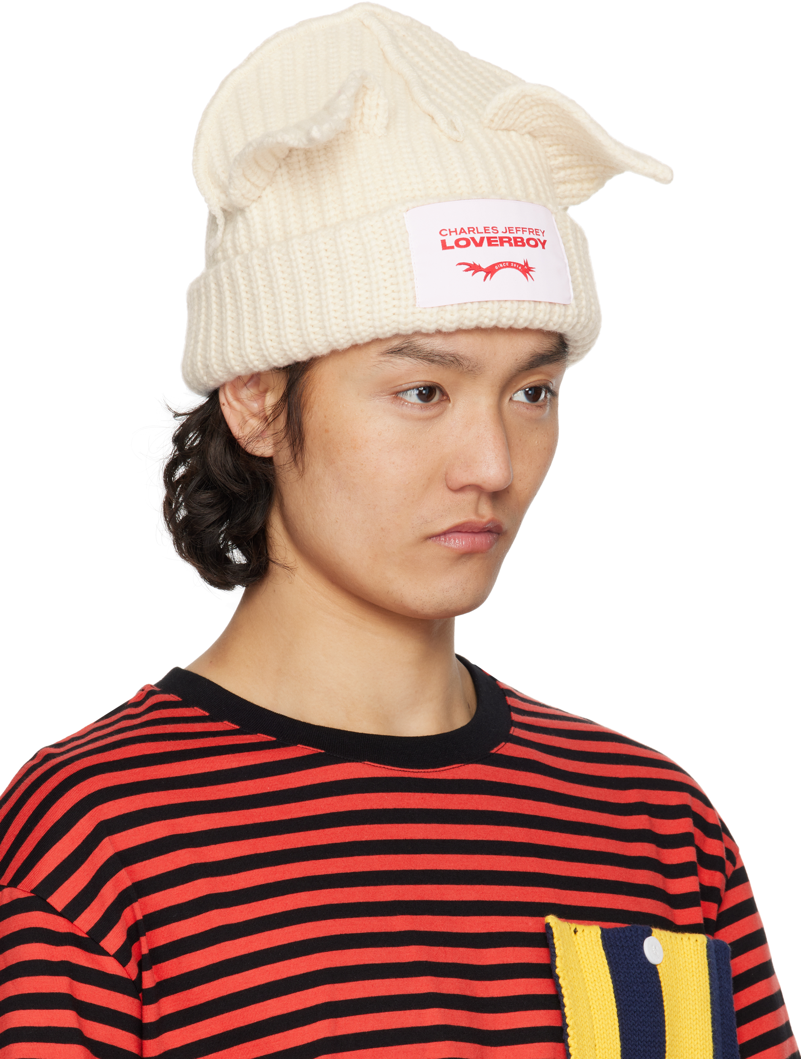 Charles Jeffrey Loverboy Mens Chunky Ear Logo-patch Knitted Beanie Ecru In White