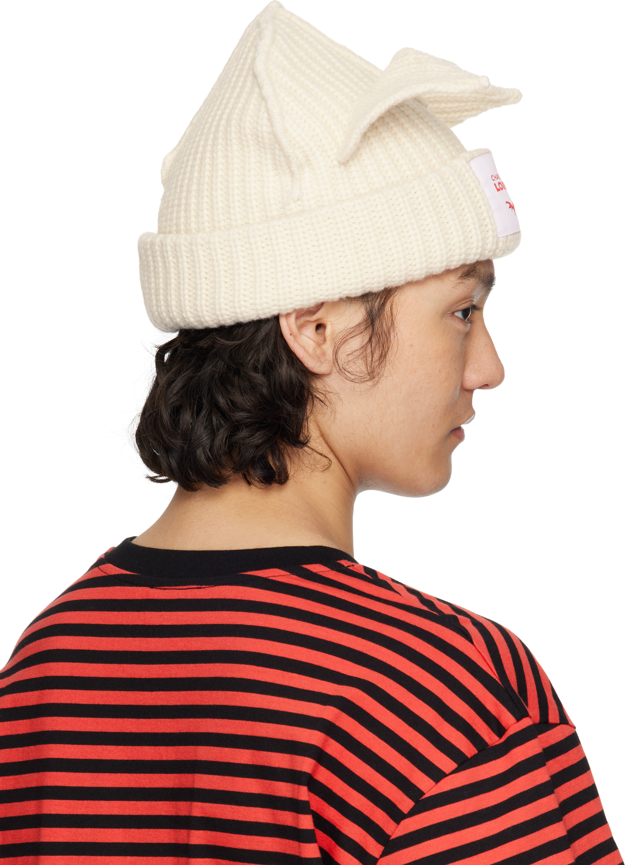 Charles Jeffrey Loverboy Mens Chunky Ear Logo-patch Knitted Beanie Ecru In White