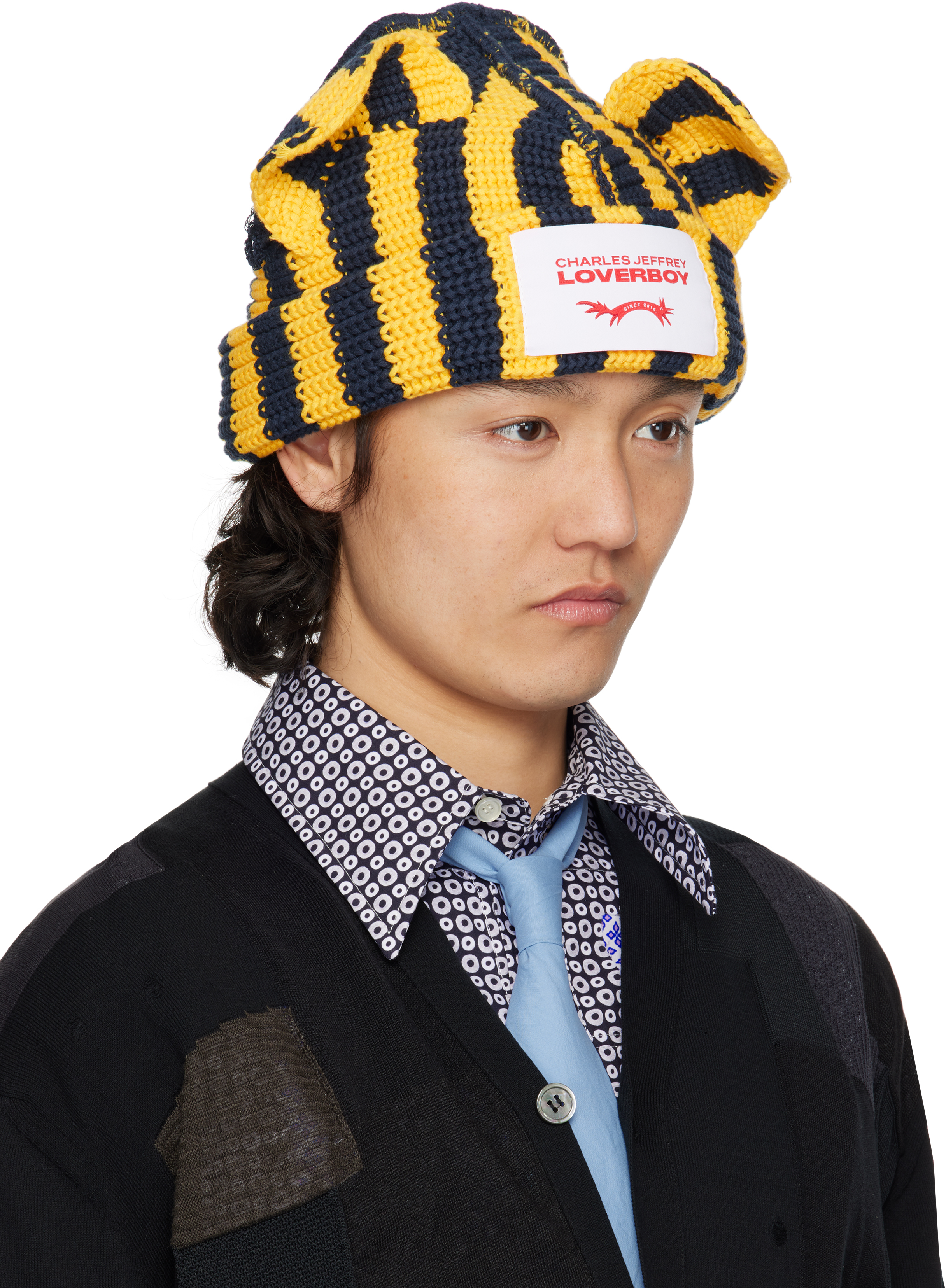 Charles Jeffrey Loverboy Yellow & Navy Chunky Ears Beanie In Yellow + Navy Stripe