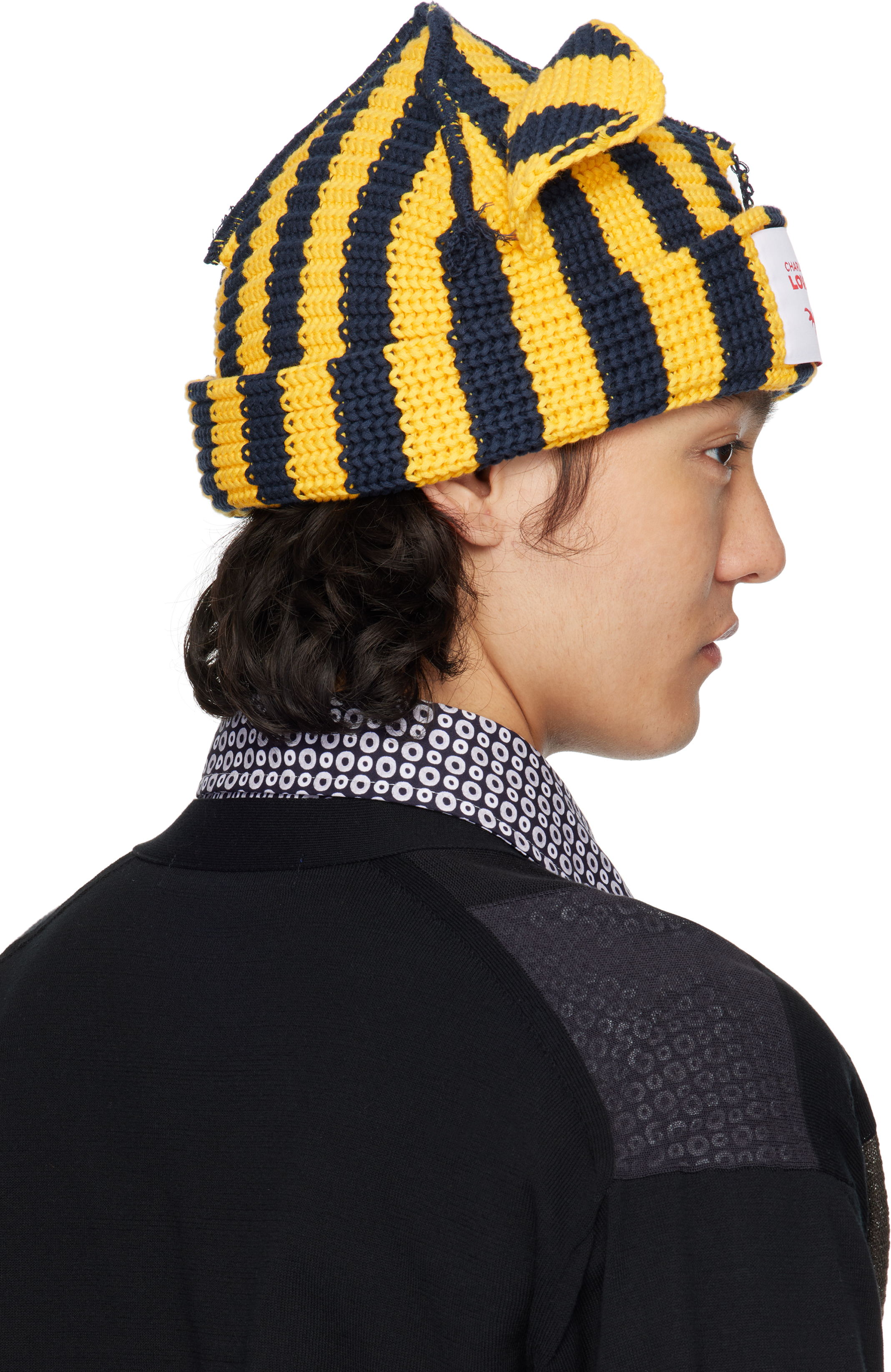 Charles Jeffrey Loverboy Yellow & Navy Chunky Ears Beanie In Yellow + Navy Stripe