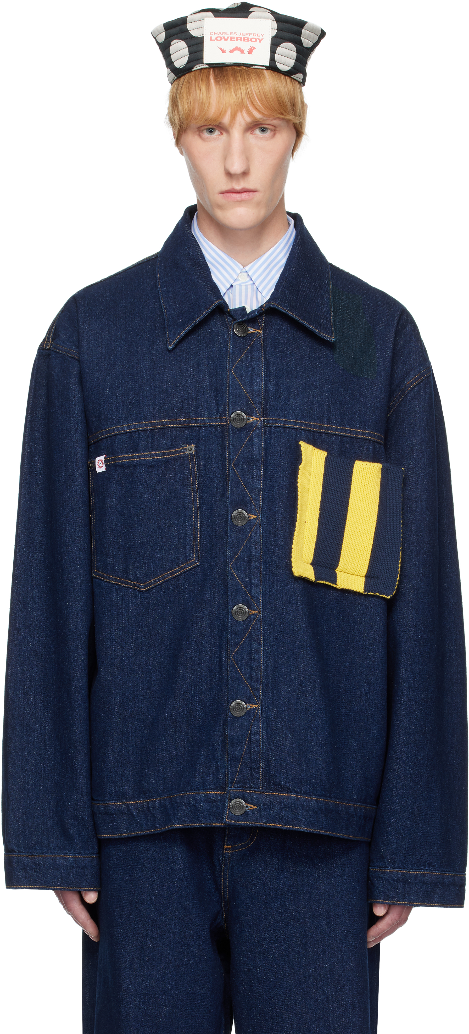 Blue Knit Patch Cargo Denim Jacket