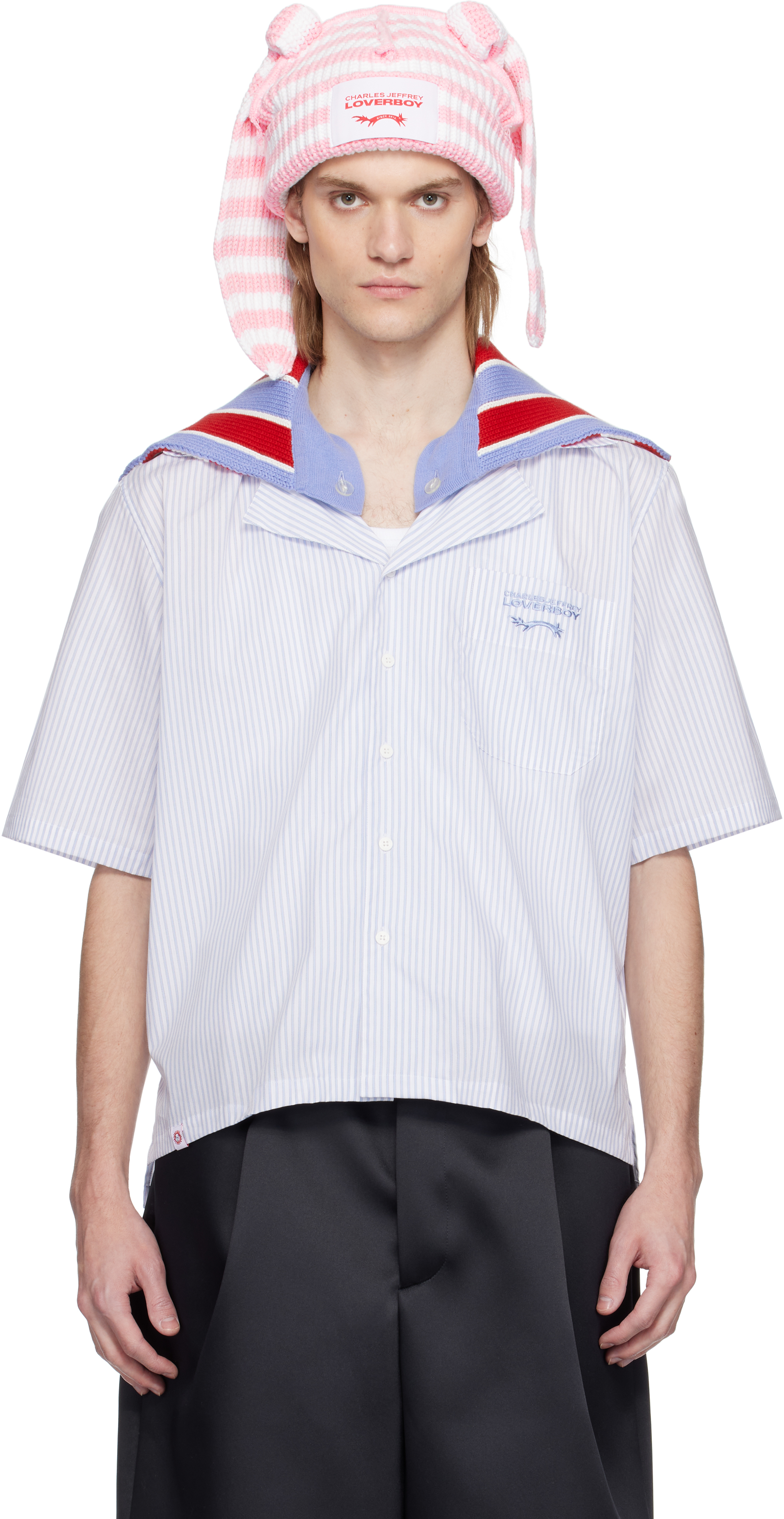White & Blue Knit Collar Shirt