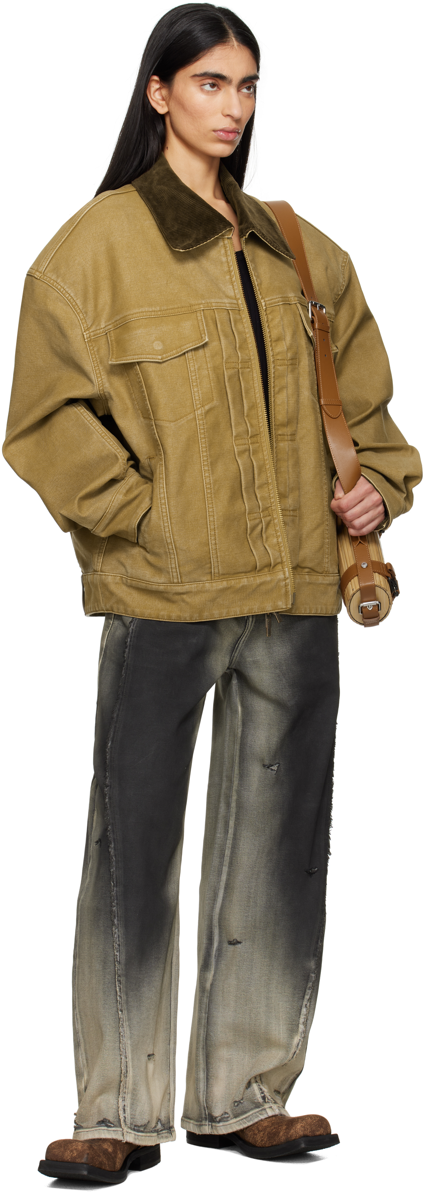 Feng Chen Wang Tan Washed Canvas Workwear Jacket In Brown