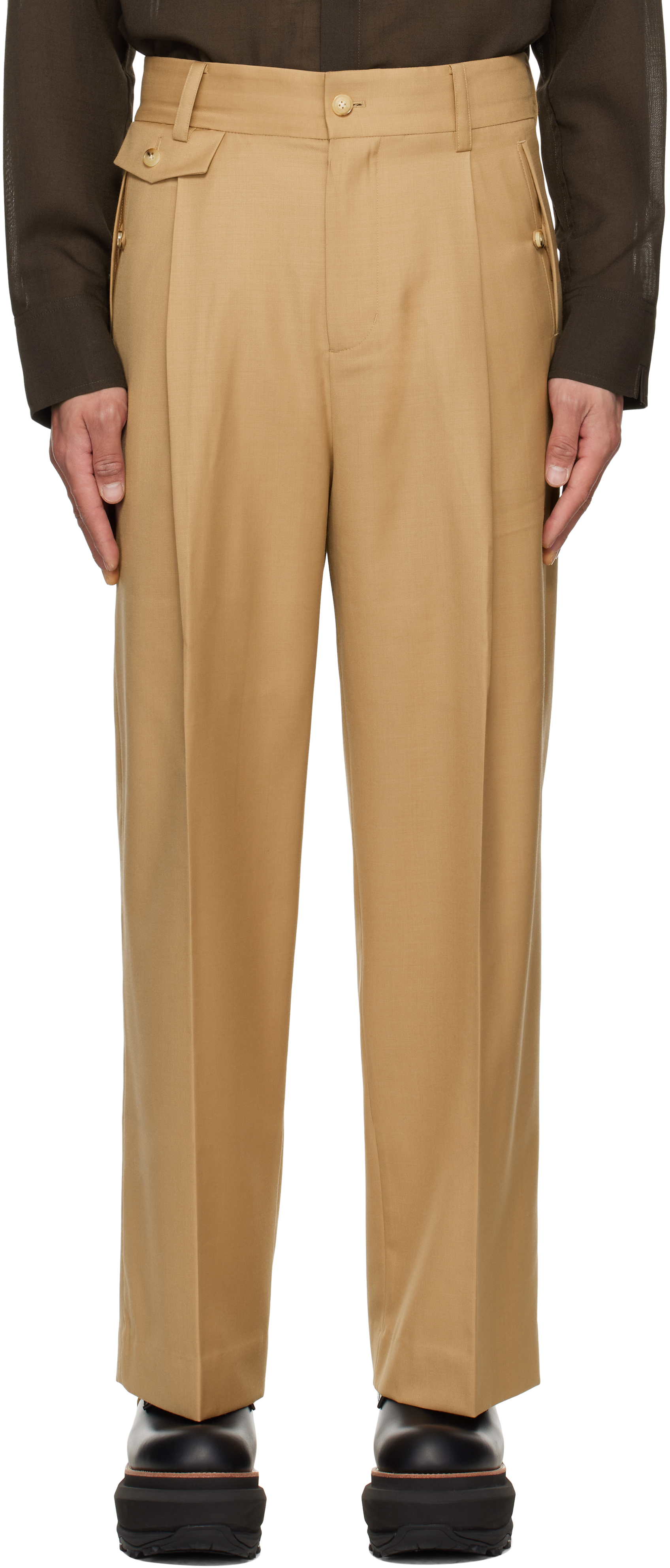 Beige Slashed Wide Trousers