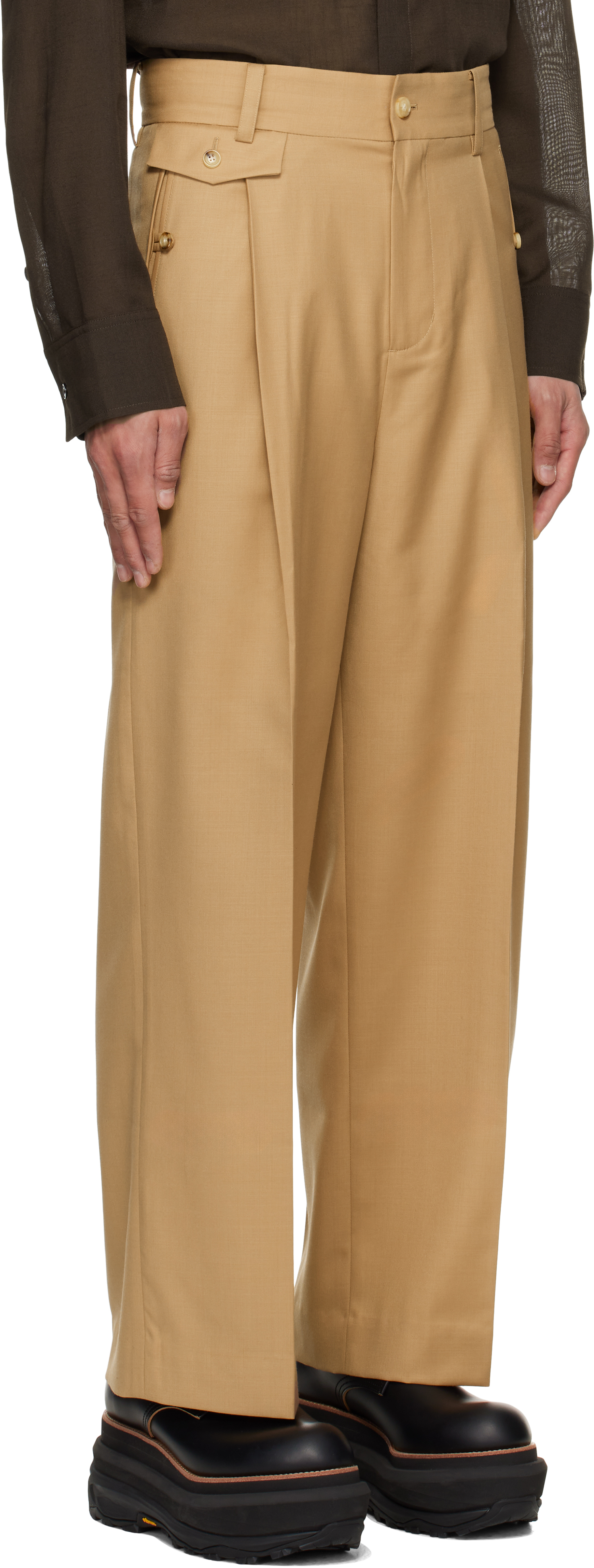 Feng Chen Wang Beige Slashed Wide Trousers In Khaki