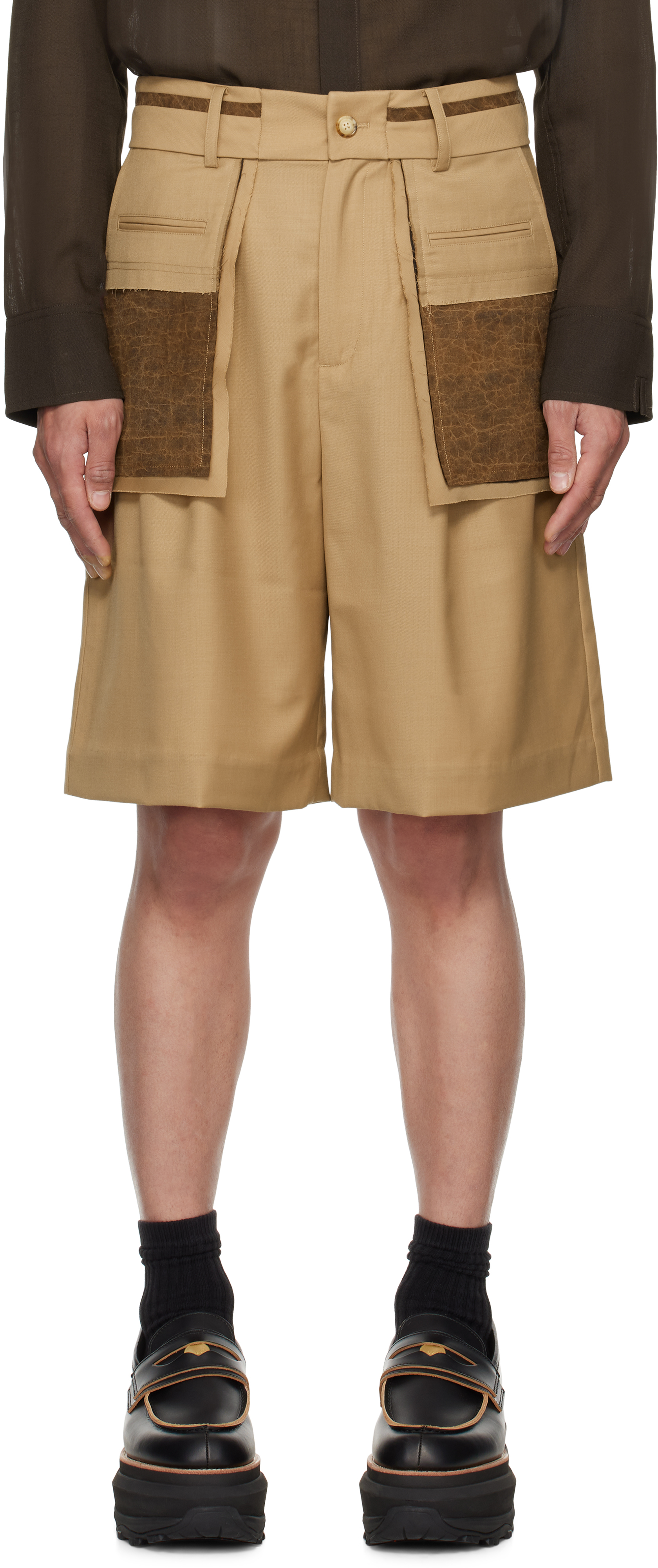 Tan Deconstructed Patchwork Shorts