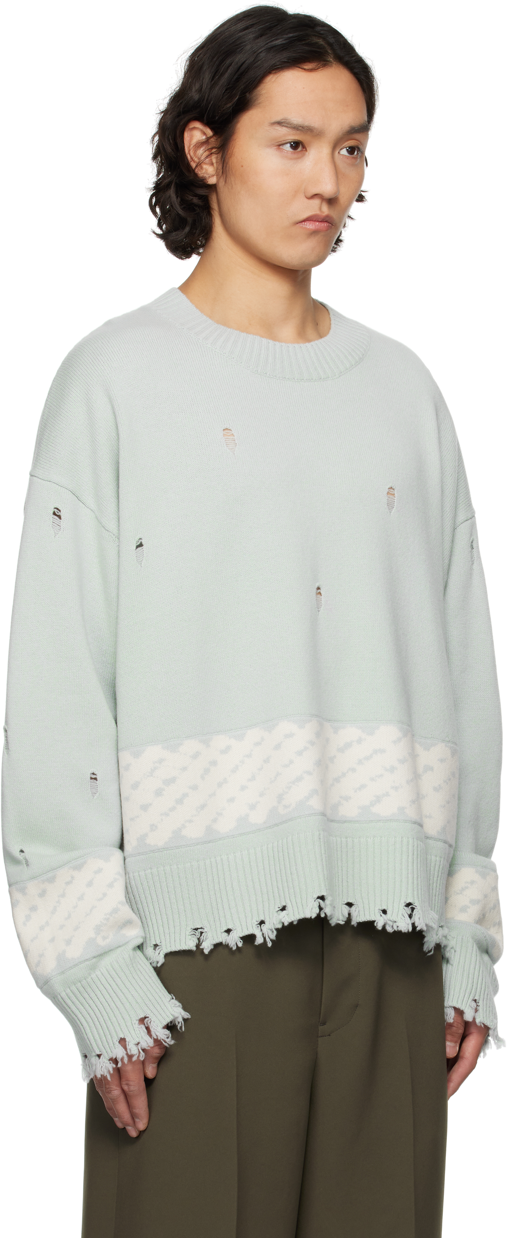 Feng Chen Wang Green Yu Zu Xie Ripped Jacquard Sweater In Pale Green