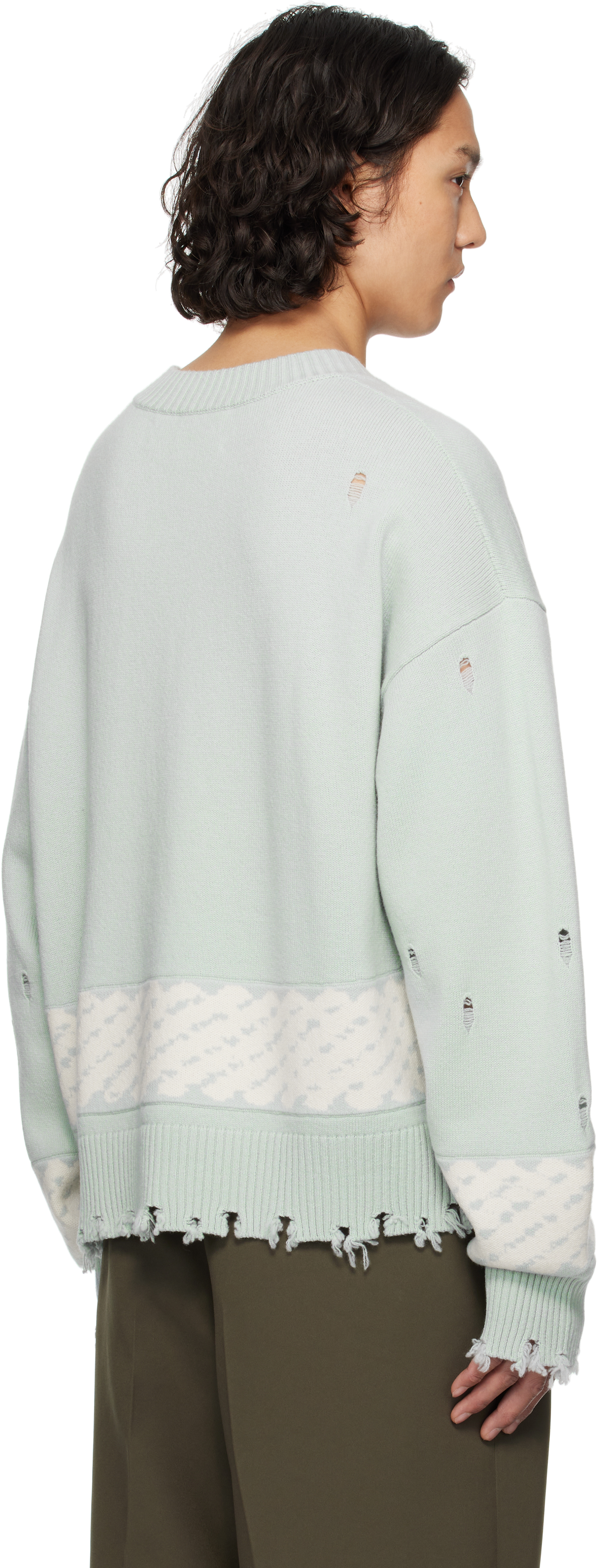 Feng Chen Wang Green Yu Zu Xie Ripped Jacquard Sweater In Pale Green