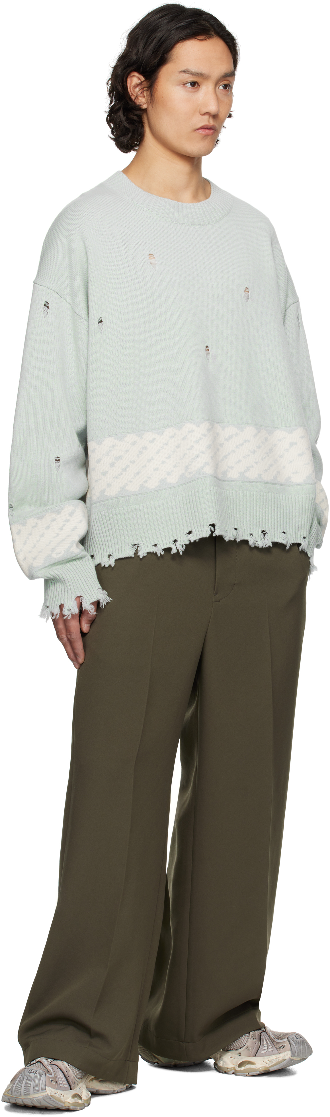 Feng Chen Wang Green Yu Zu Xie Ripped Jacquard Sweater In Pale Green