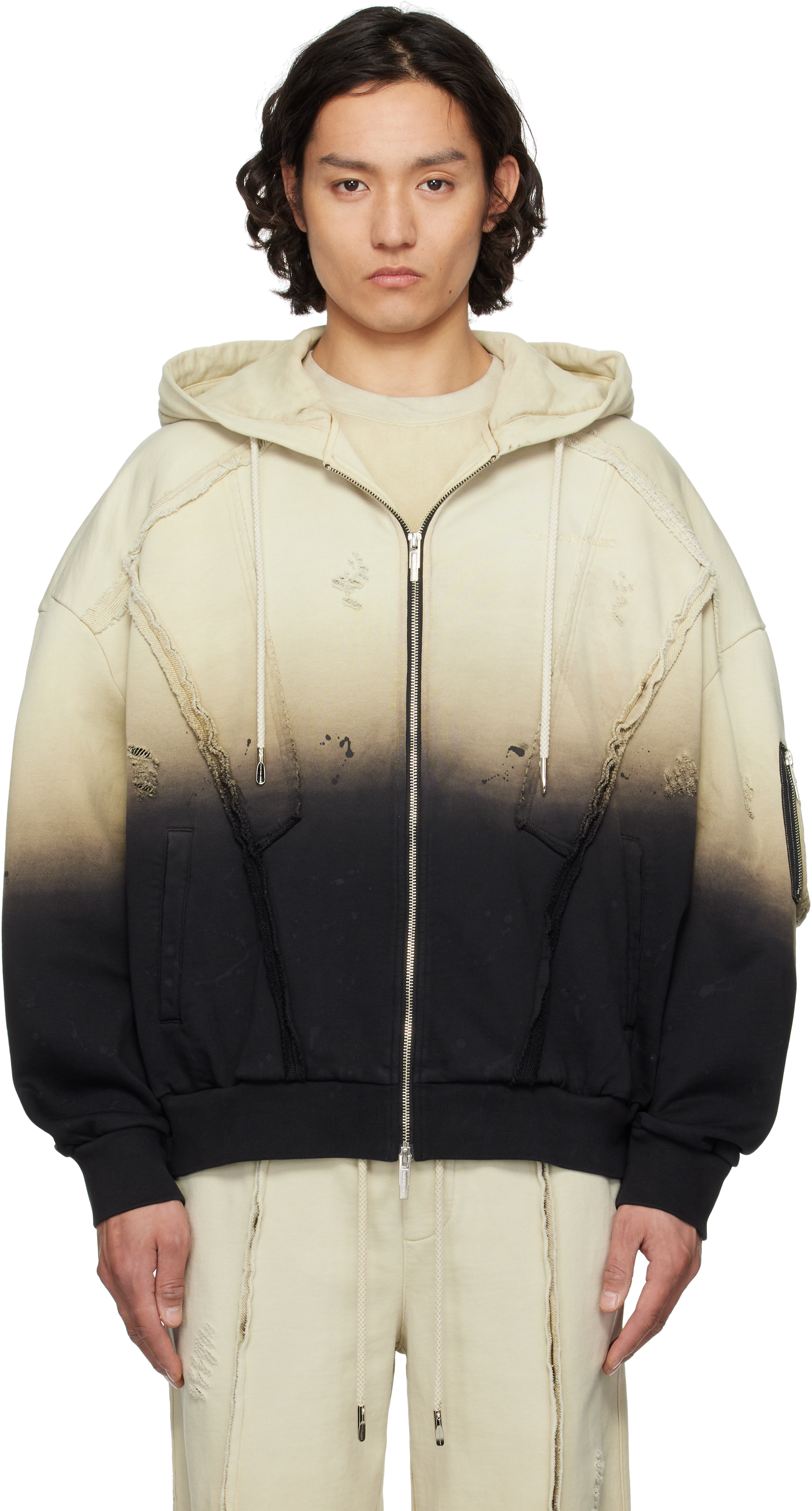 Feng Chen Wang: Beige & Black Deconstructed Gradient Hoodie Feng Chen Wang: Beige & Black Deconstructed Gradient Hoodie