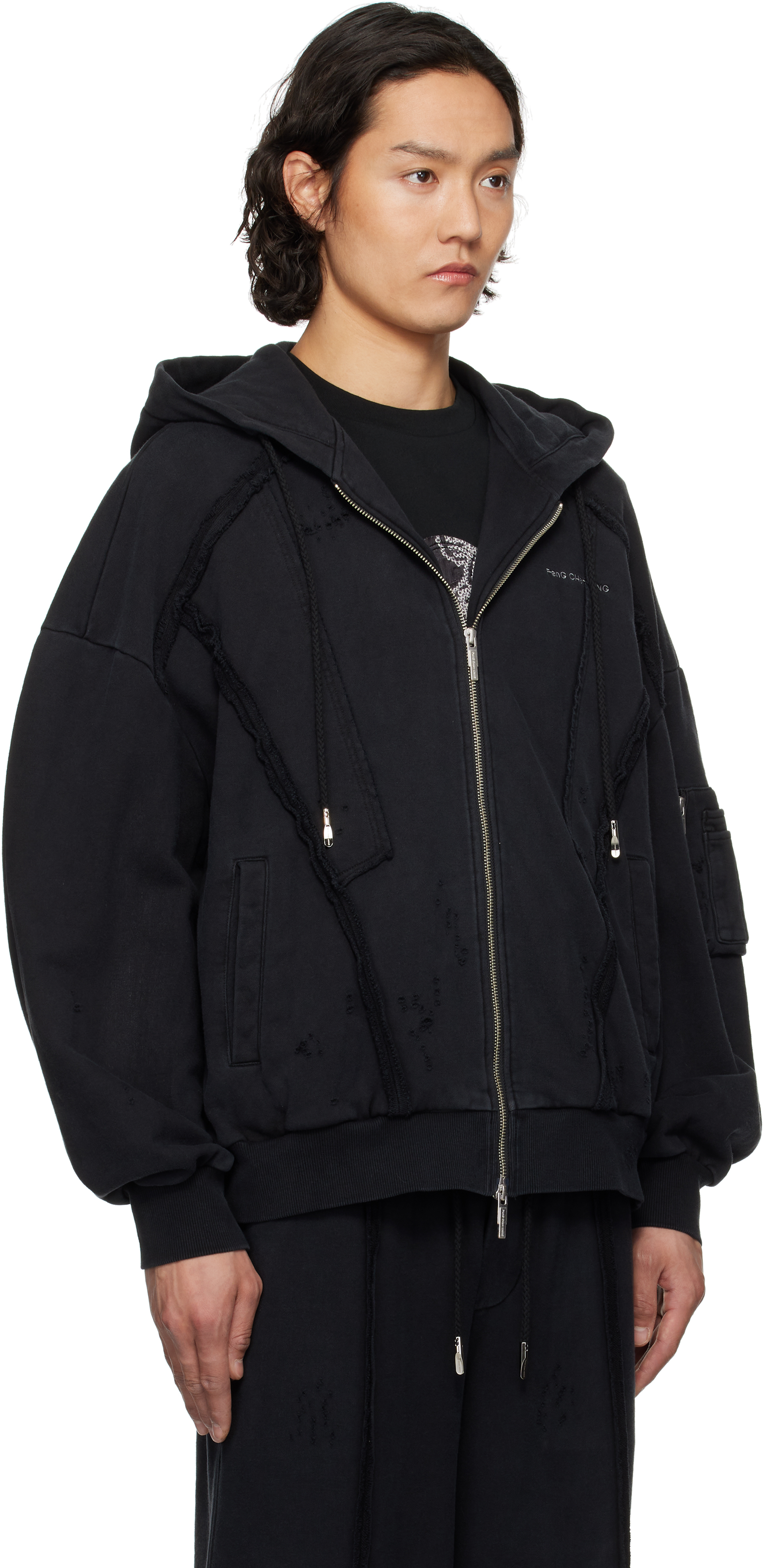 Feng Chen Wang Distressed Zip-up Hoodie In Black