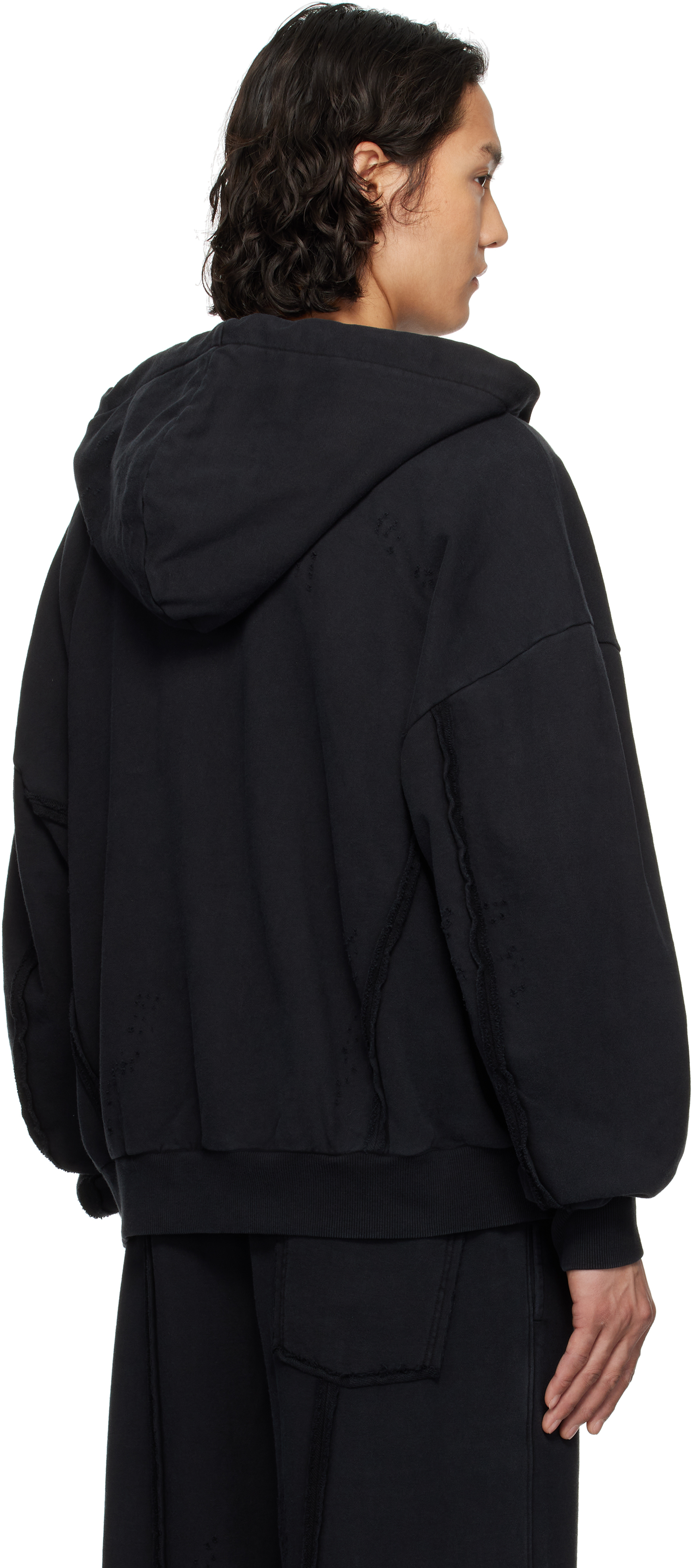 Feng Chen Wang Distressed Zip-up Hoodie In Black