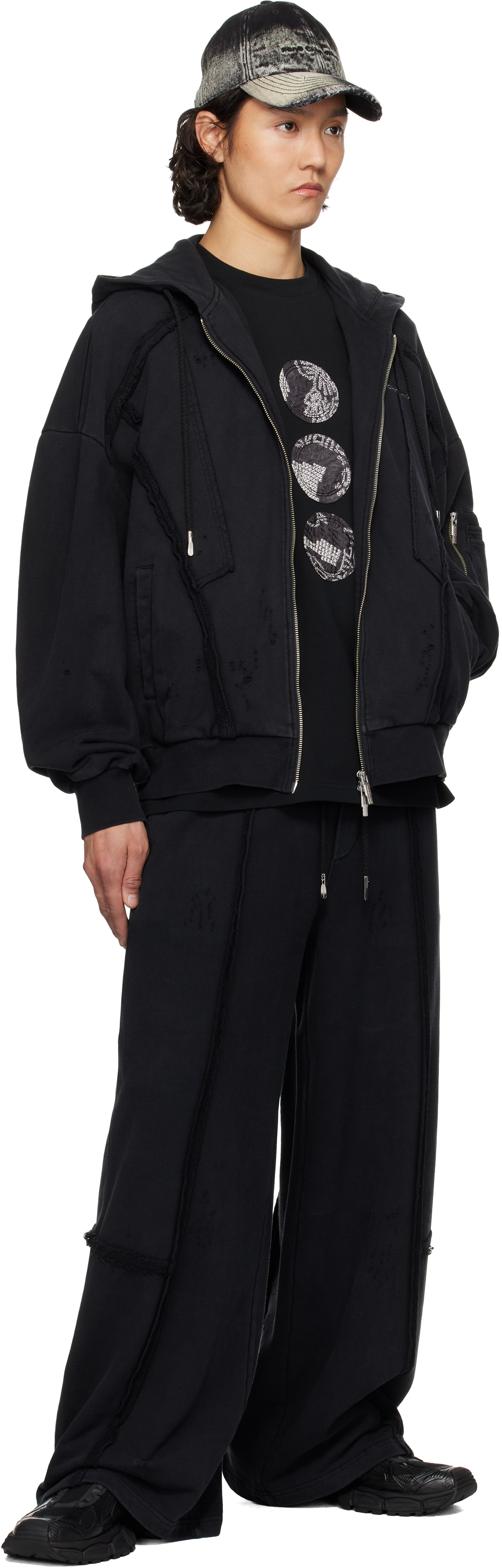 Feng Chen Wang Distressed Zip-up Hoodie In Black