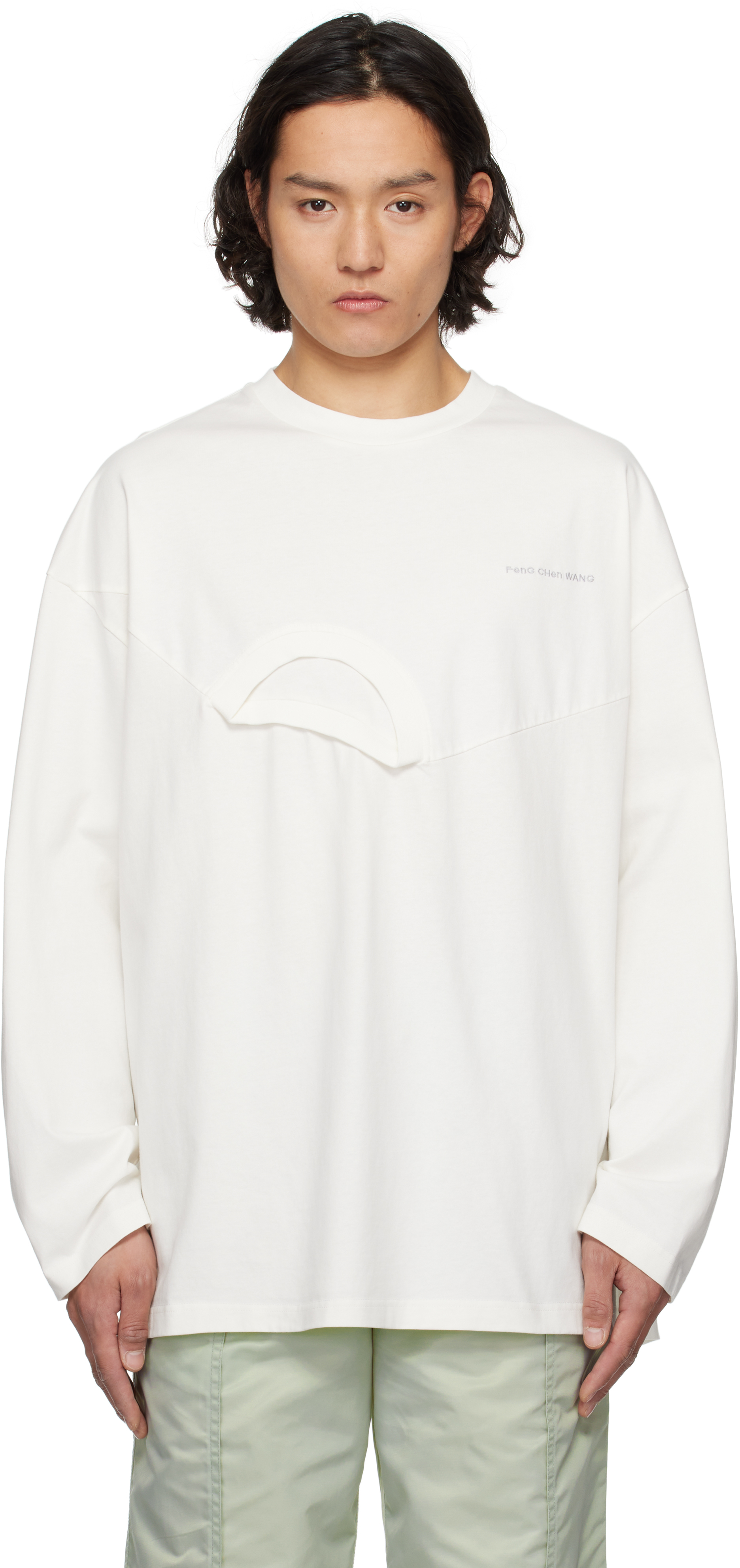 【関税込み】Feng Chen Wang ホワイト ディストレス 長袖Tシャツ Feng Chen Wang White Double Neck Jersey T-shirt Feng Chen Wang