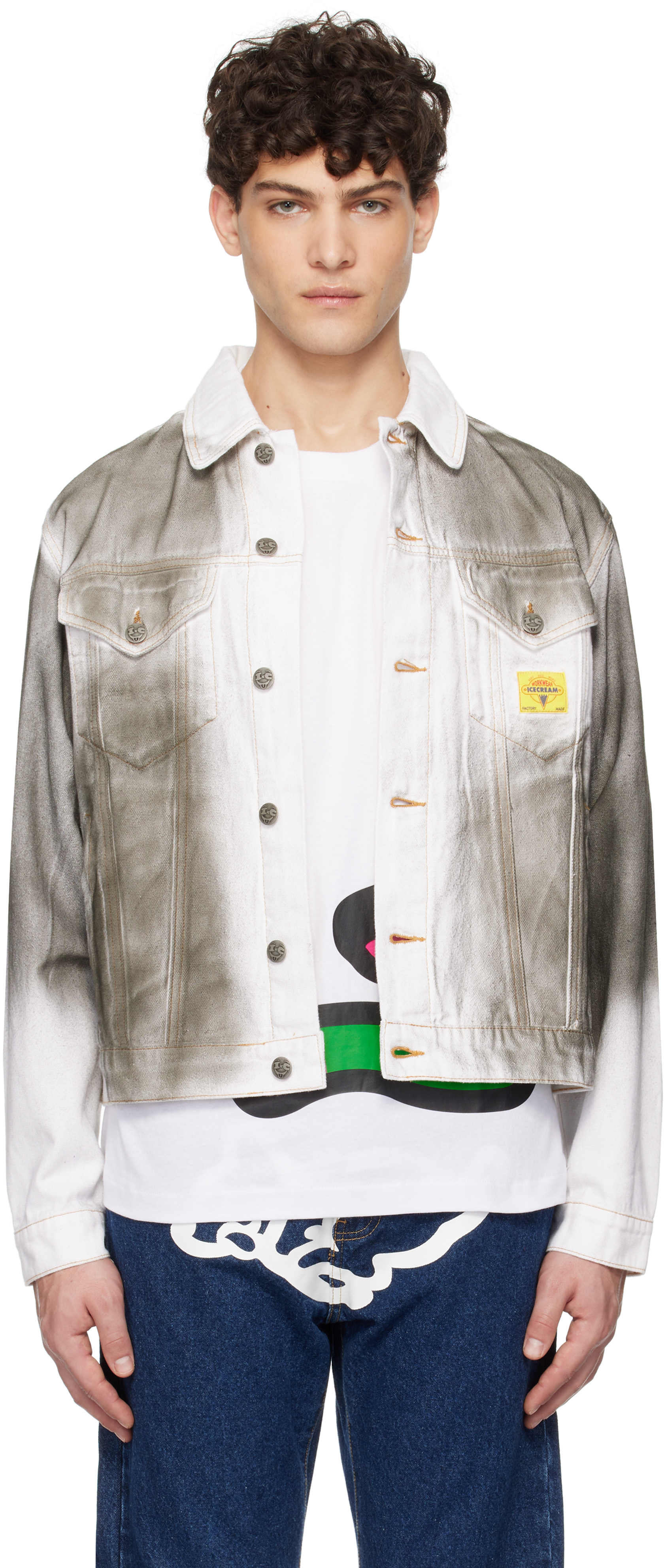 White & Gray Oil Stained Denim Trucker Jacket