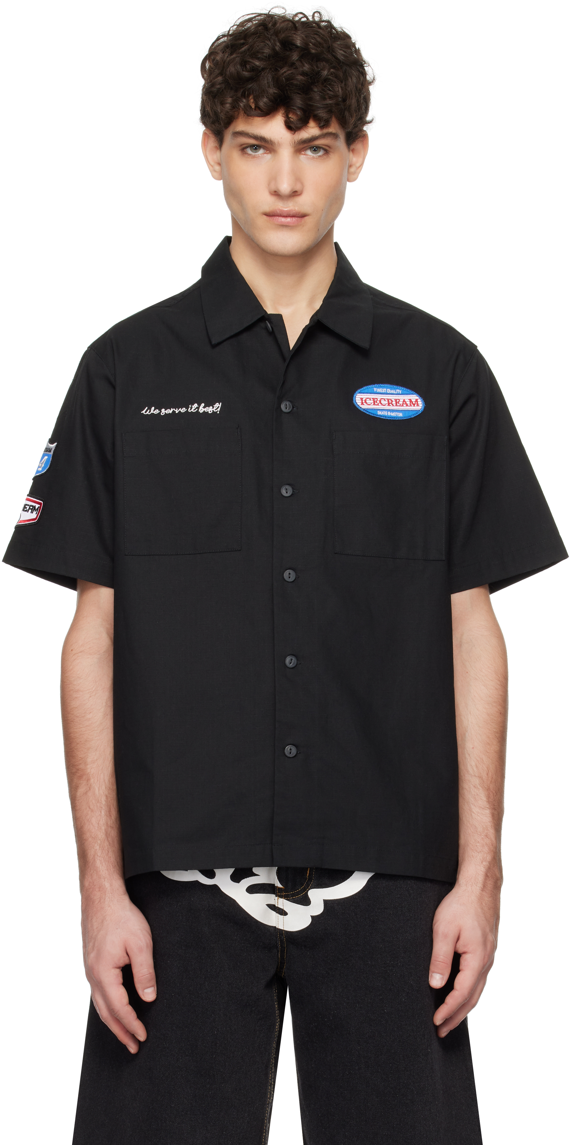 Black Short Sleeve Patch Work Shirt