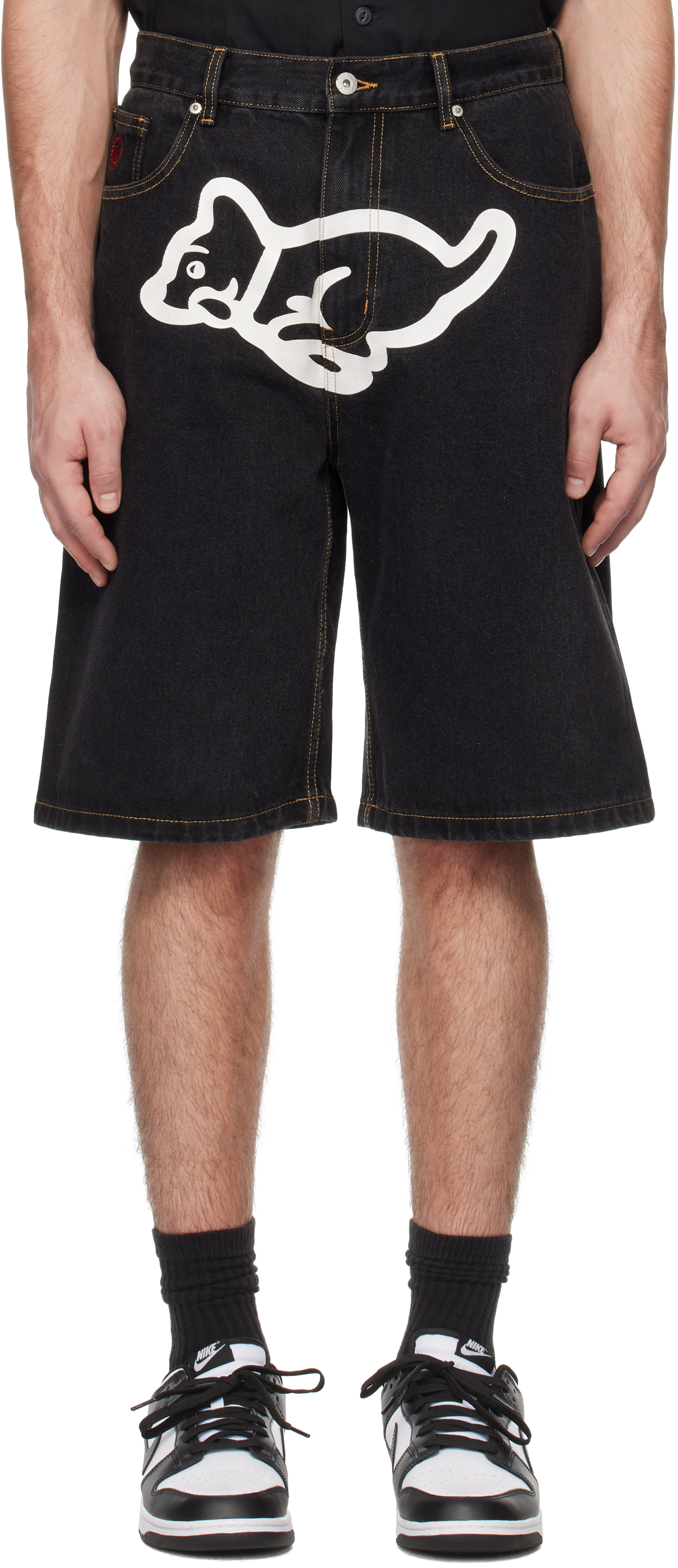 Black Running Puppy Denim Shorts