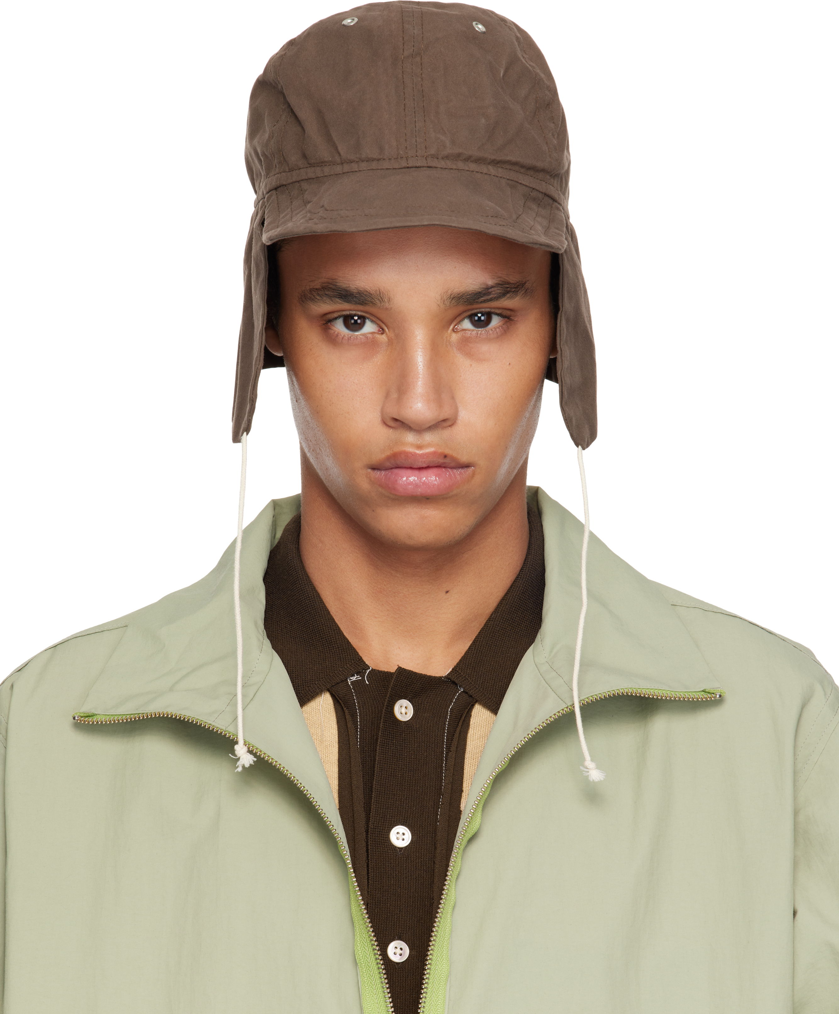 Brown Waxed Cotton Flap Cap by Camiel Fortgens on Sale