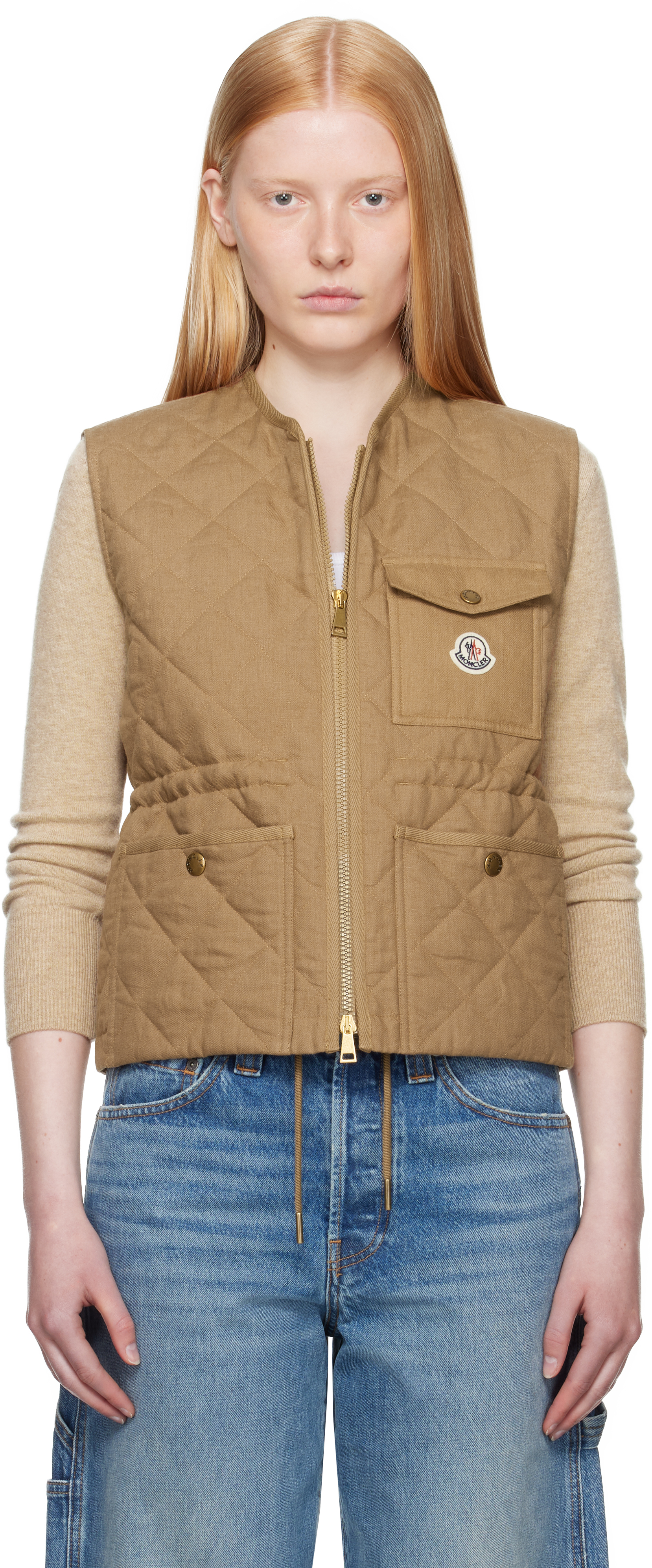【関税&送料込み】Moncler Beige Quilted Vest With Diamond Moncler: Tan Vigny Diamond-Quilted Padded Linen Vest | SSENSE