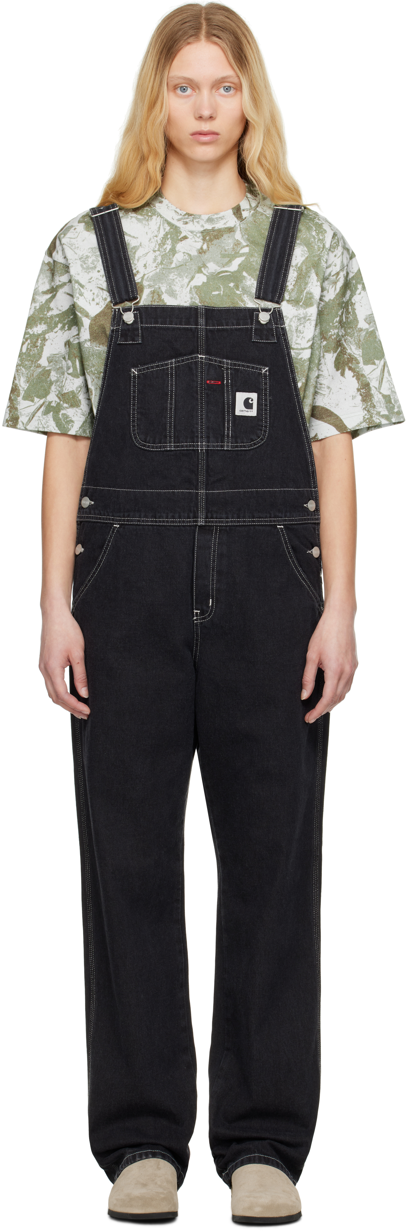 Carhartt Black Bib Straight Denim Overalls In Black Stone Washed