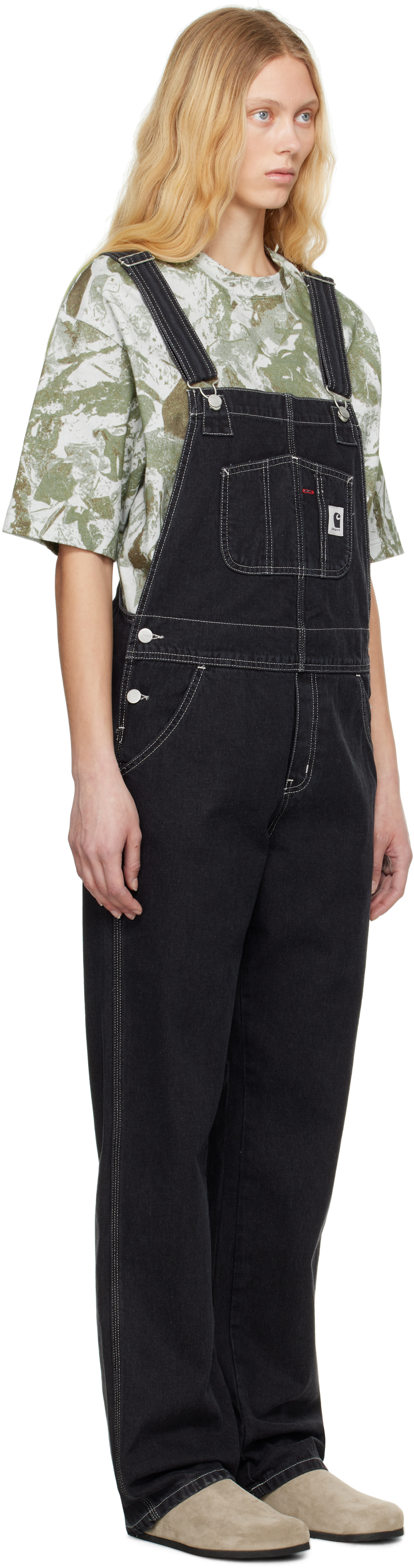 Carhartt Black Bib Straight Denim Overalls In Black Stone Washed