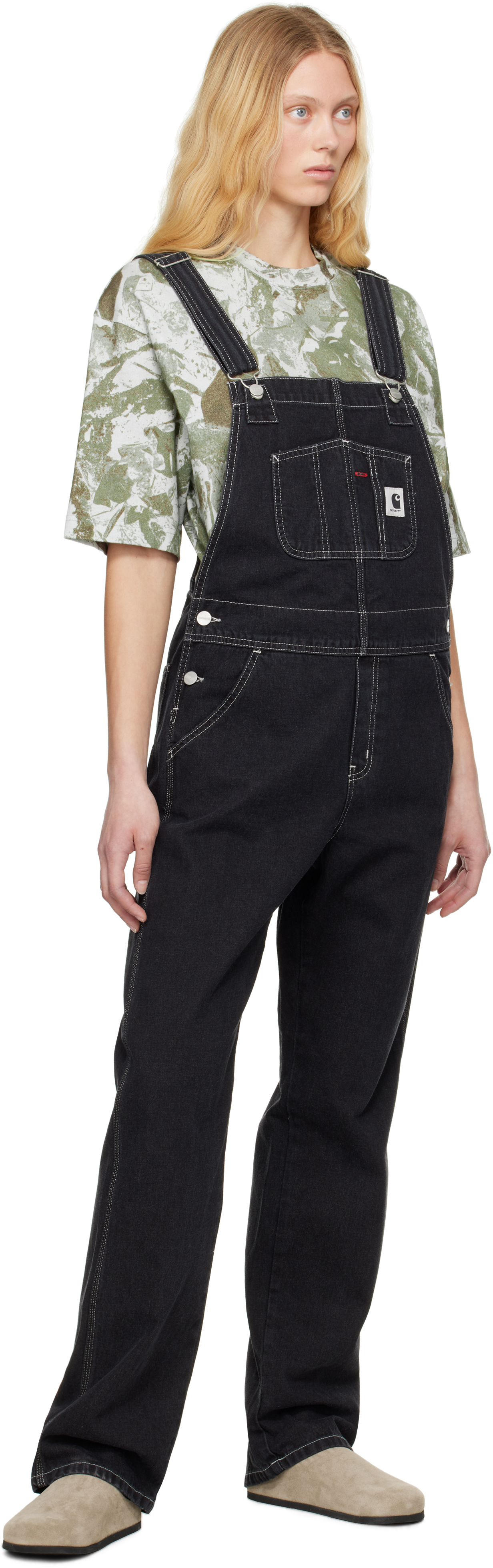 Carhartt Black Bib Straight Denim Overalls In Black Stone Washed