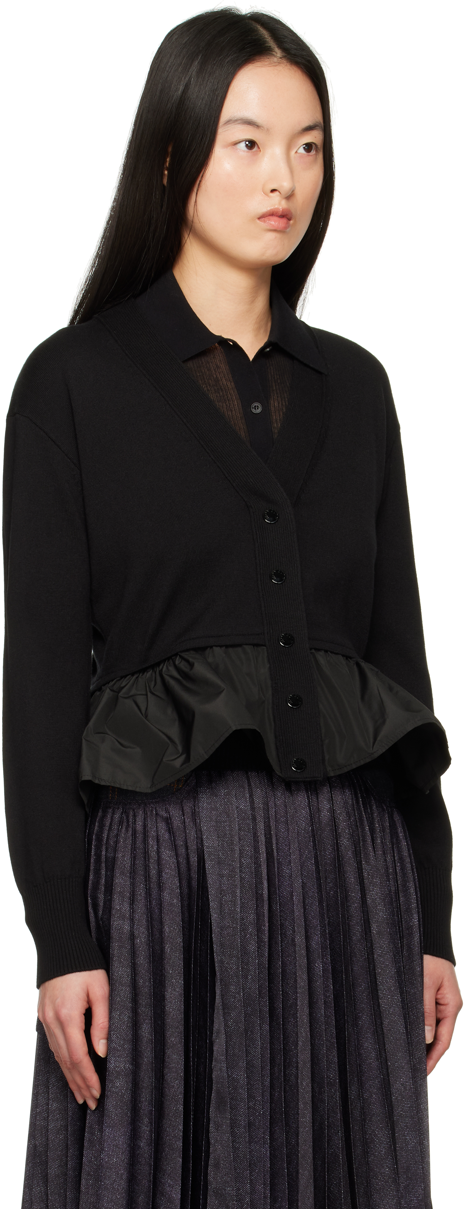 Moncler Cashmere Blend Cardigan Peplum Hem In 999 Black