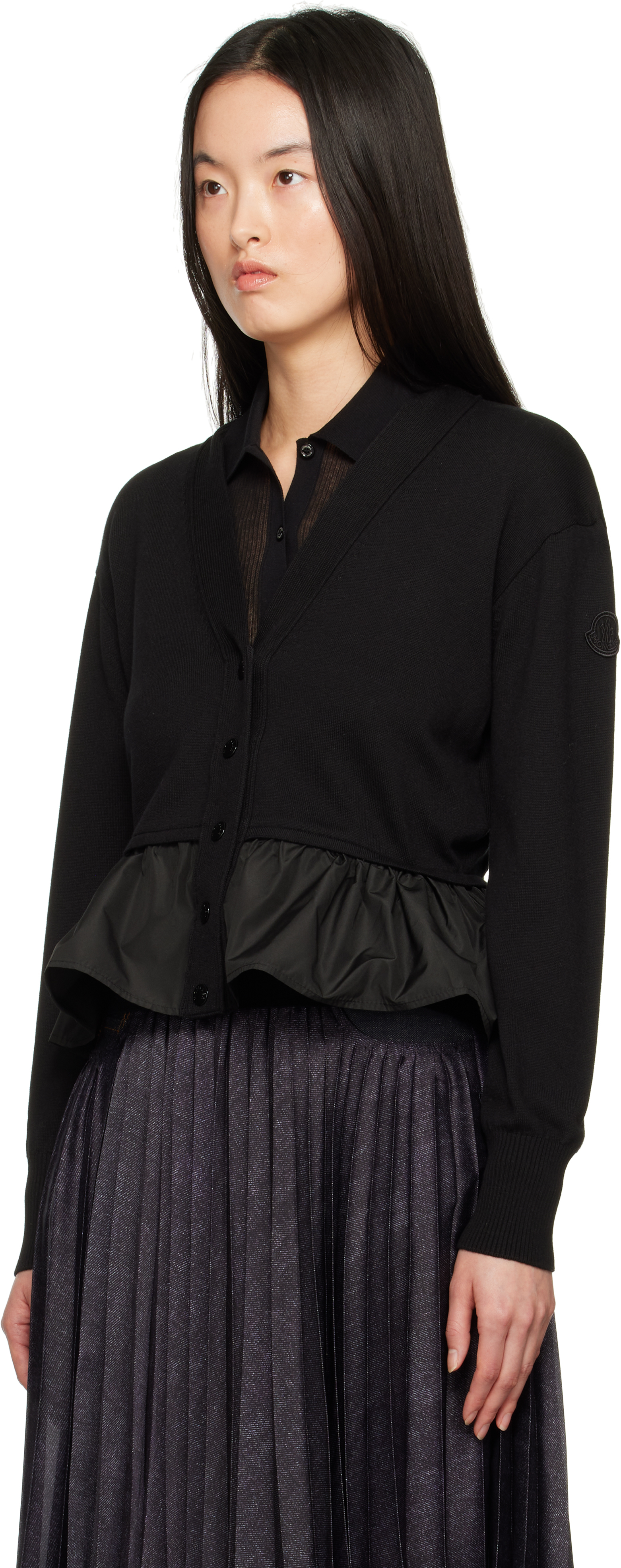 Moncler Cashmere Blend Cardigan Peplum Hem In 999 Black