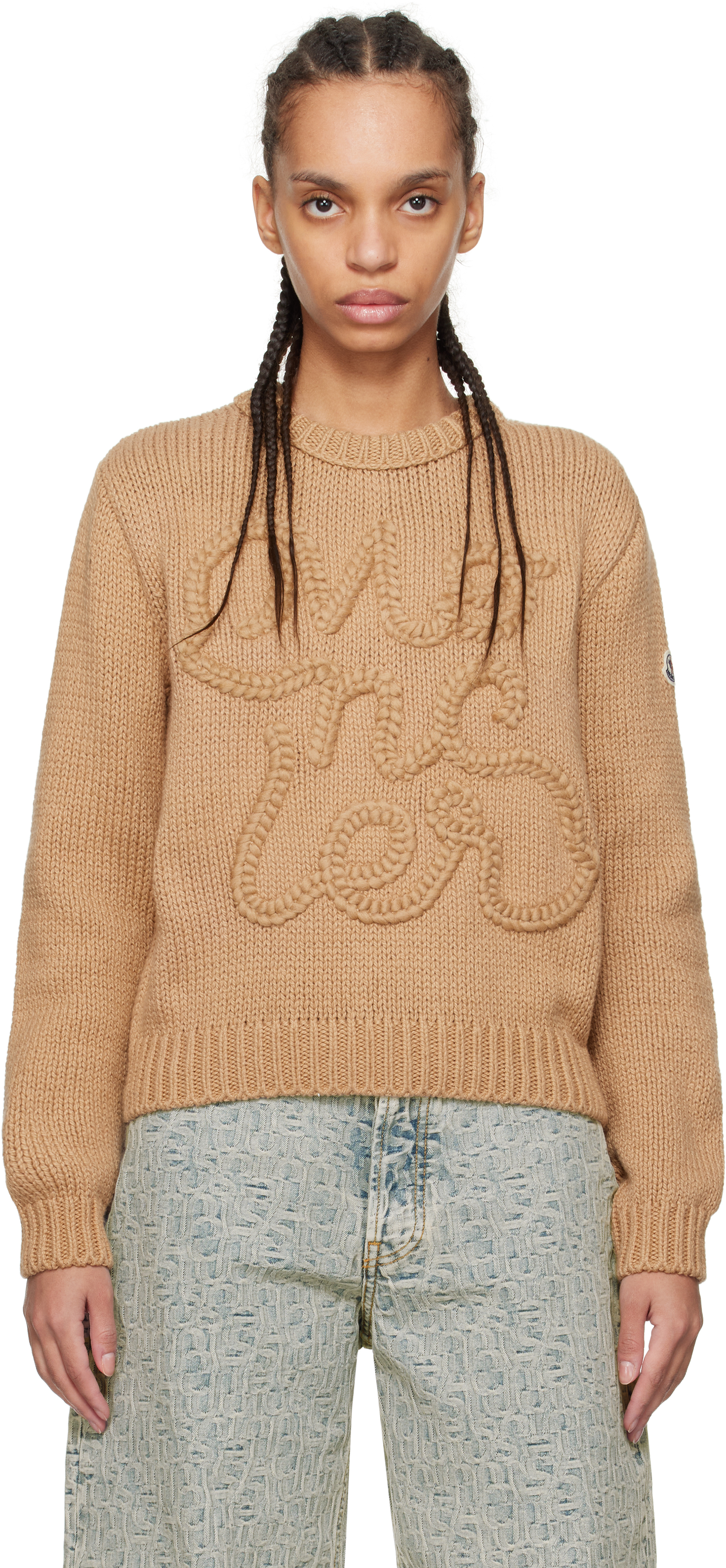 Moncler: Beige Embroidered Logo Cotton Sweater | SSENSE