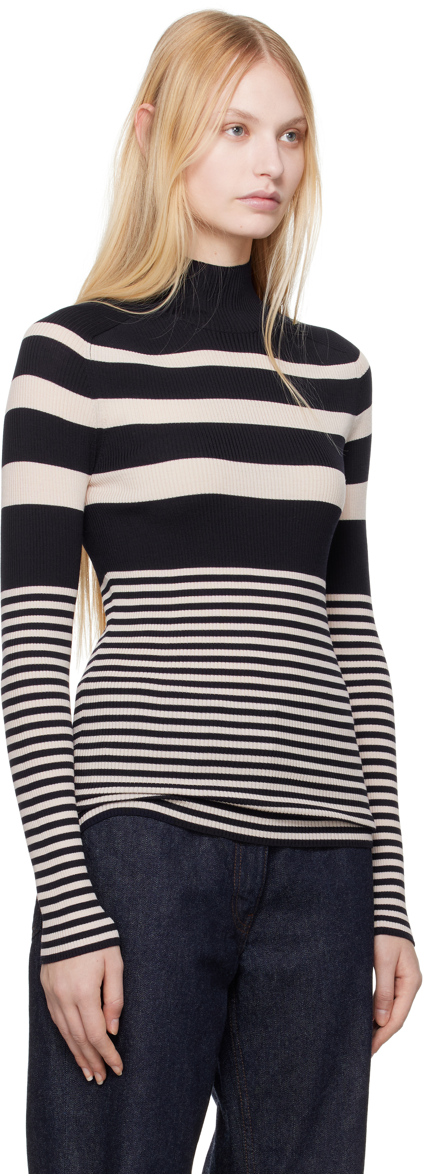 Moncler White & Blue Striped Wool Turtleneck In P70 White + Blue