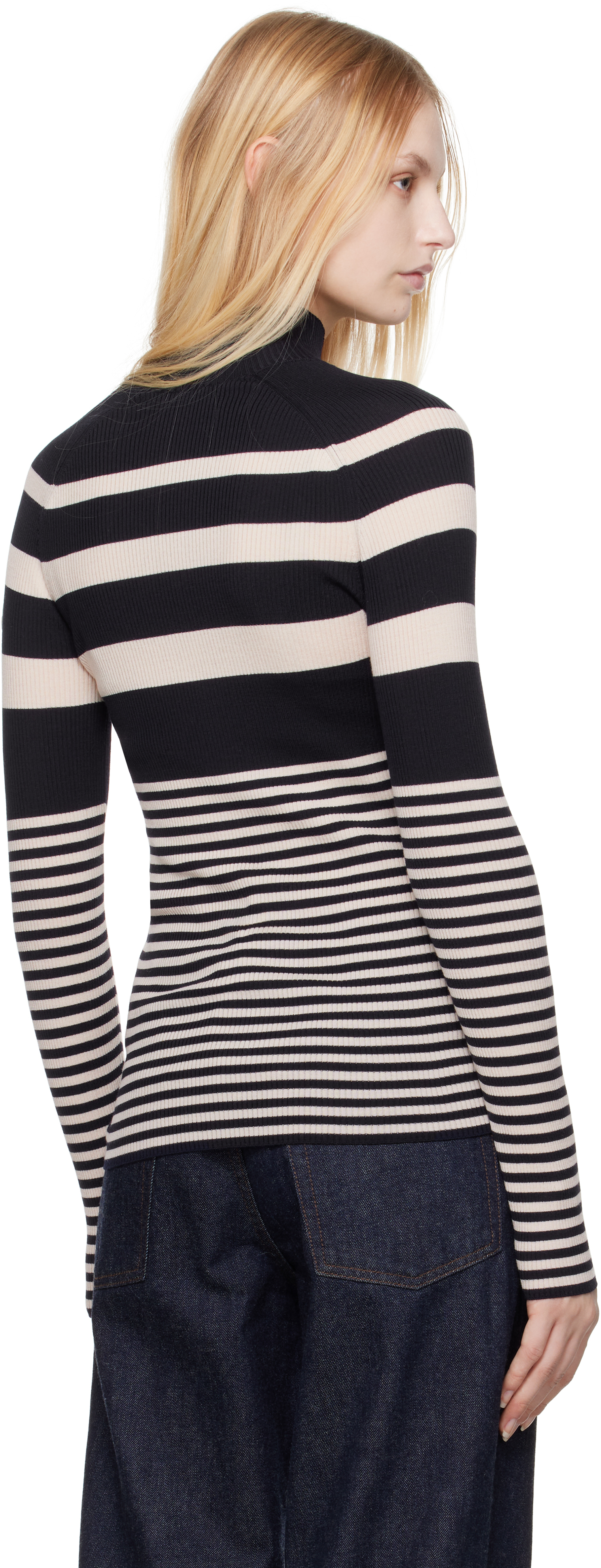 Moncler White & Blue Striped Wool Turtleneck In P70 White + Blue