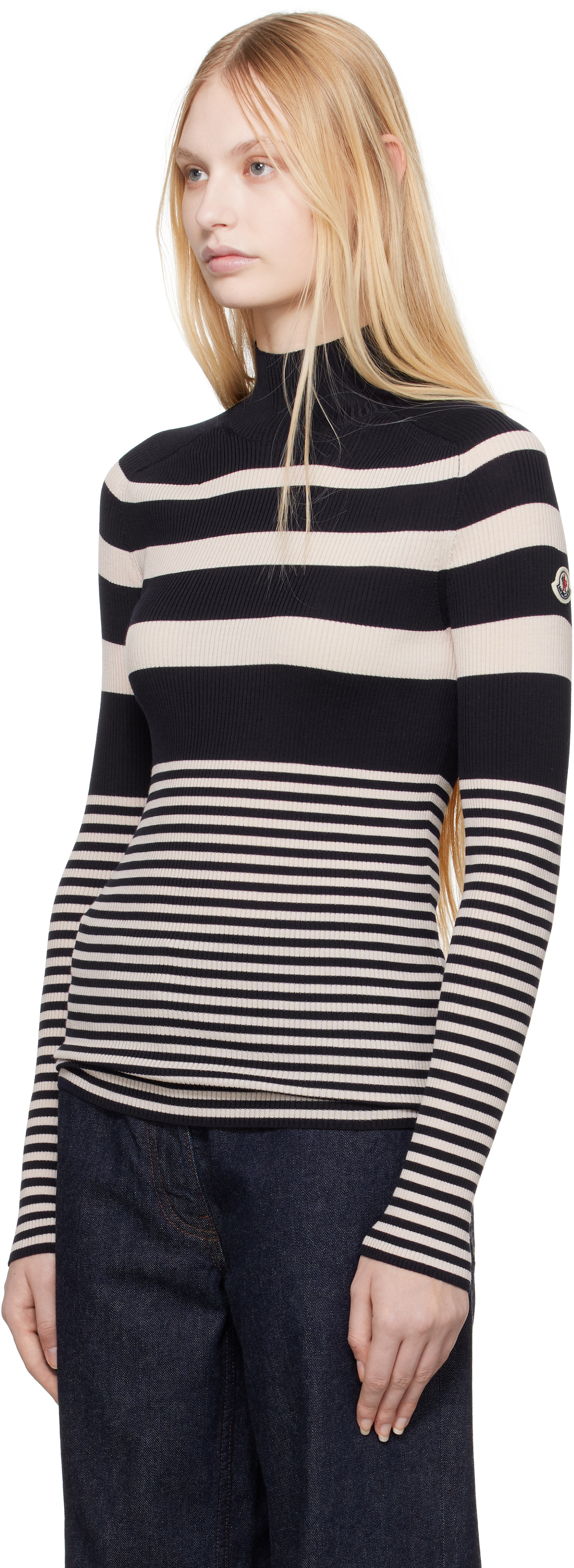 Moncler White & Blue Striped Wool Turtleneck In P70 White + Blue