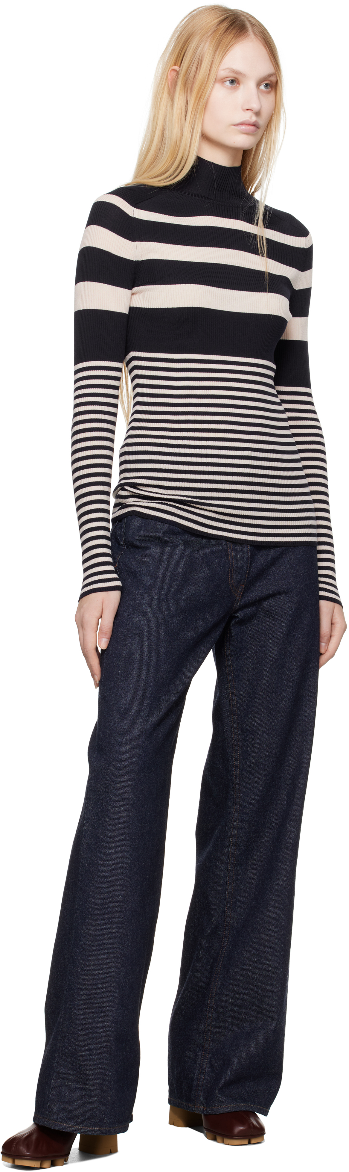 Moncler White & Blue Striped Wool Turtleneck In P70 White + Blue