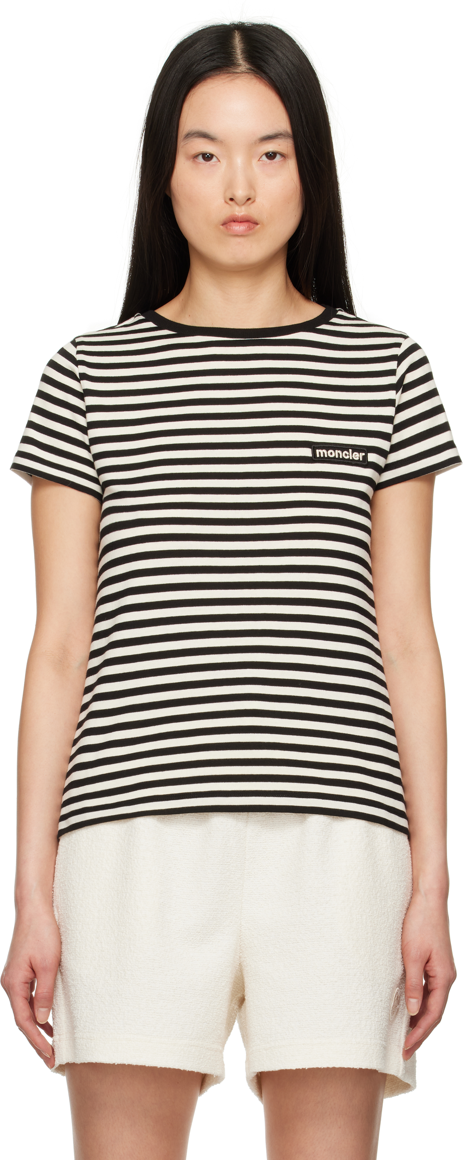 【関税込み】Moncler オフホワイト&ブラック ボーダー Tシャツ Moncler: オフホワイト&ブラック ボーダー Tシャツ | SSENSE 日本