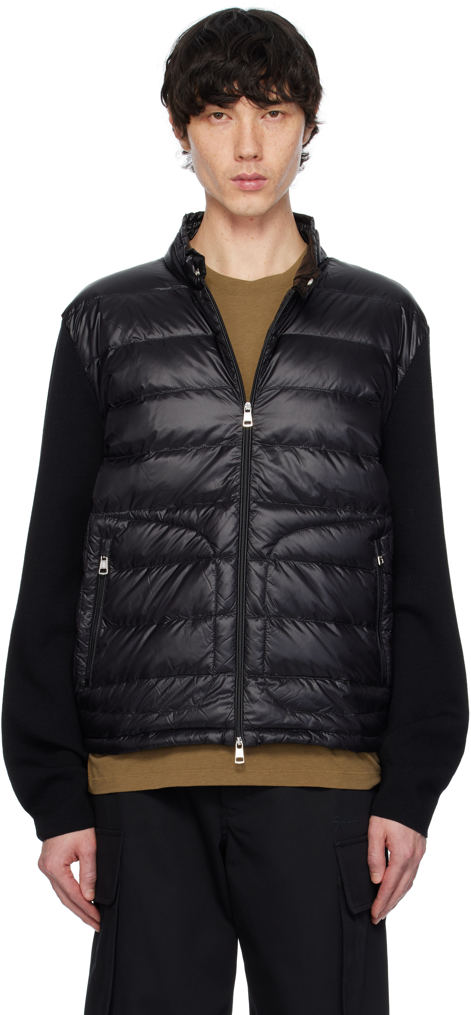 Black Padded Wool Zip-Up Down Jacket