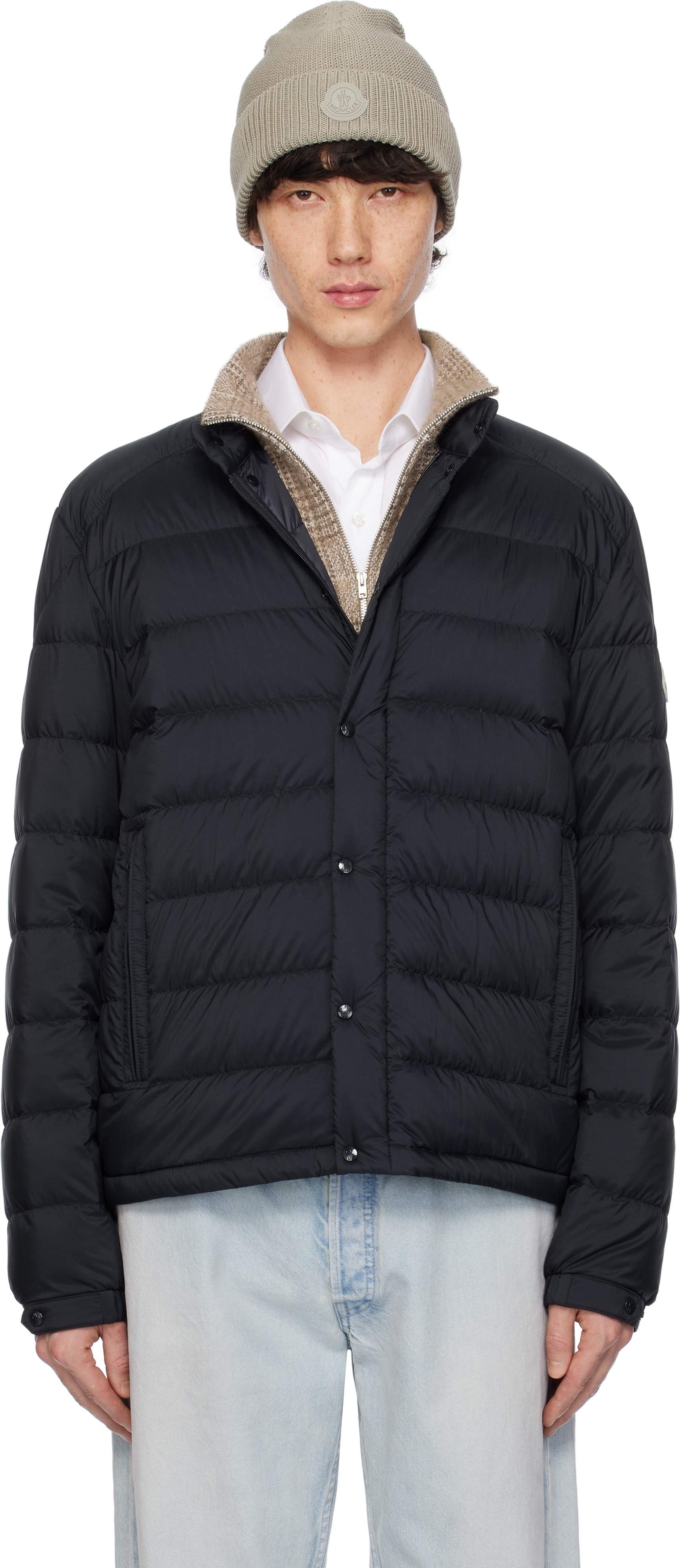 Moncler: Navy Selves Short Down Jacket | SSENSE