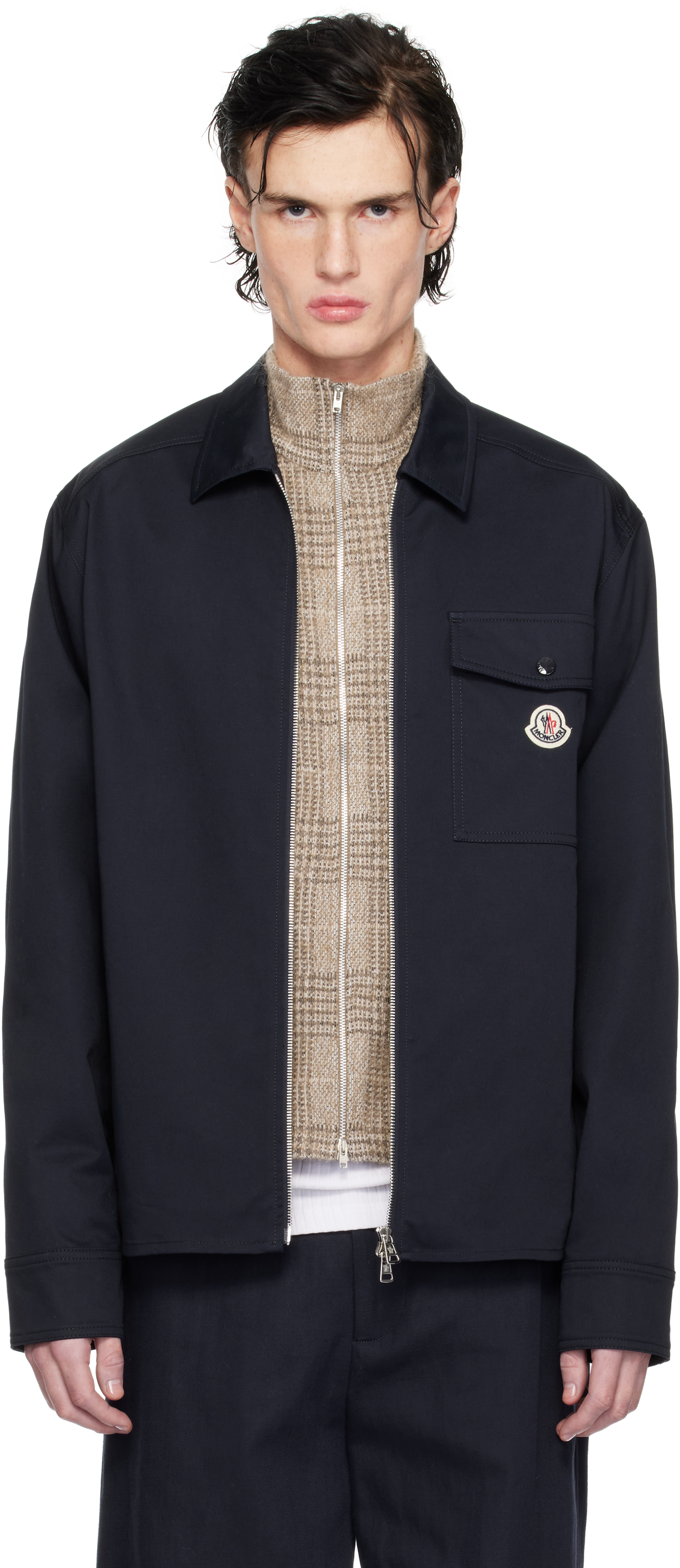 Moncler: ネイビー コットンギャバジン ジップアップジャケット