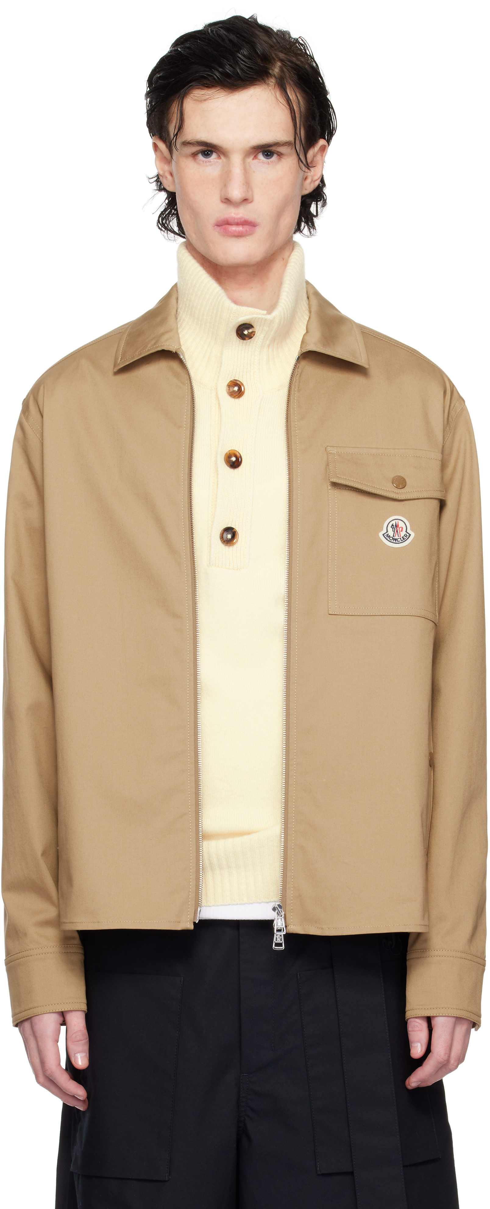 Moncler: Tan Cotton Gabardine Zip-Up Jacket | SSENSE Moncler: Tan Cotton Gabardine Zip-Up Jacket | SSENSE