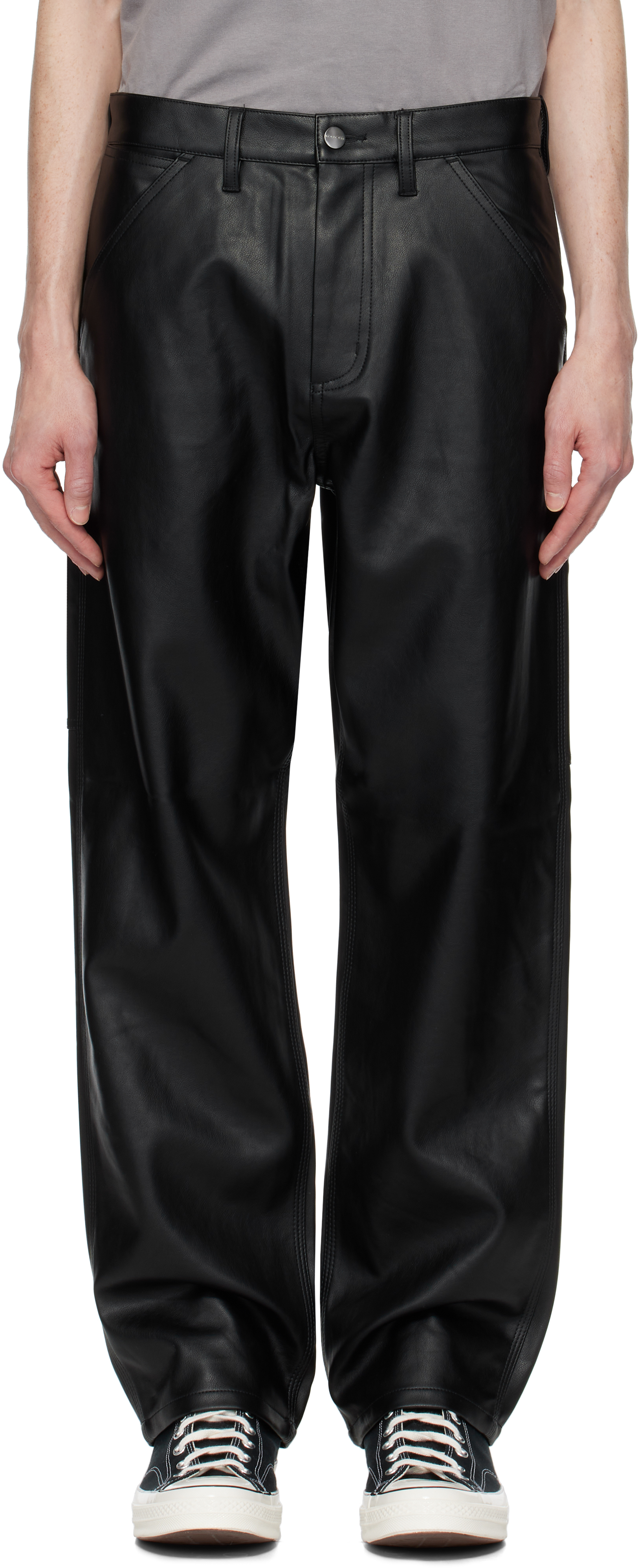 Black Single Knee PU Leather Cargo Pants