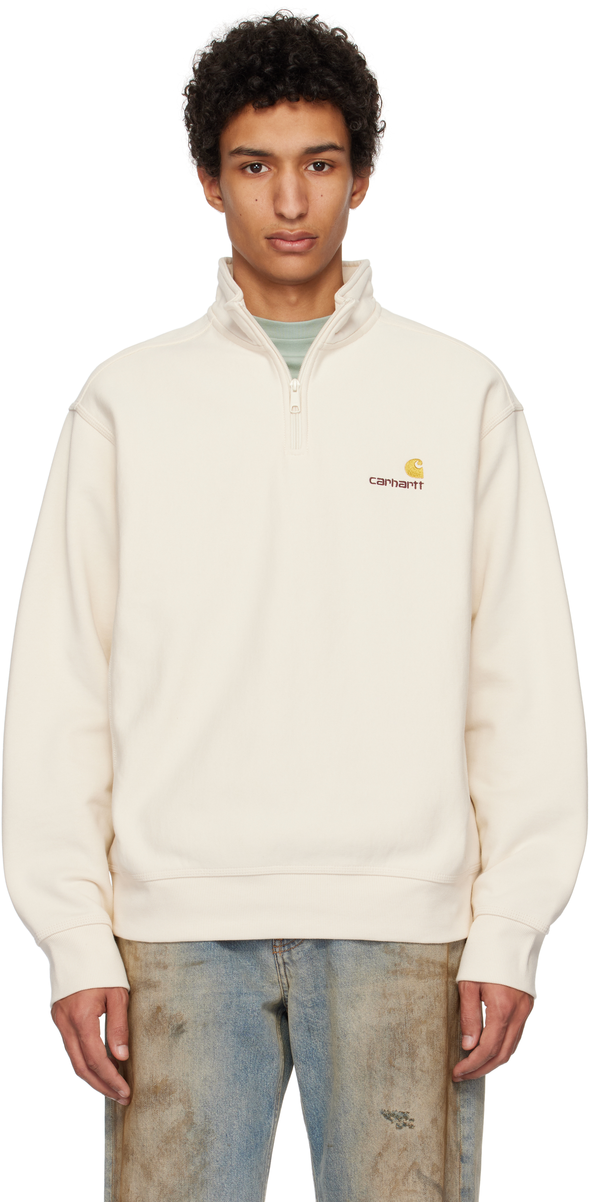 Carhartt Off-white Half Zip American Script Sweatshirt In 05xx Natural