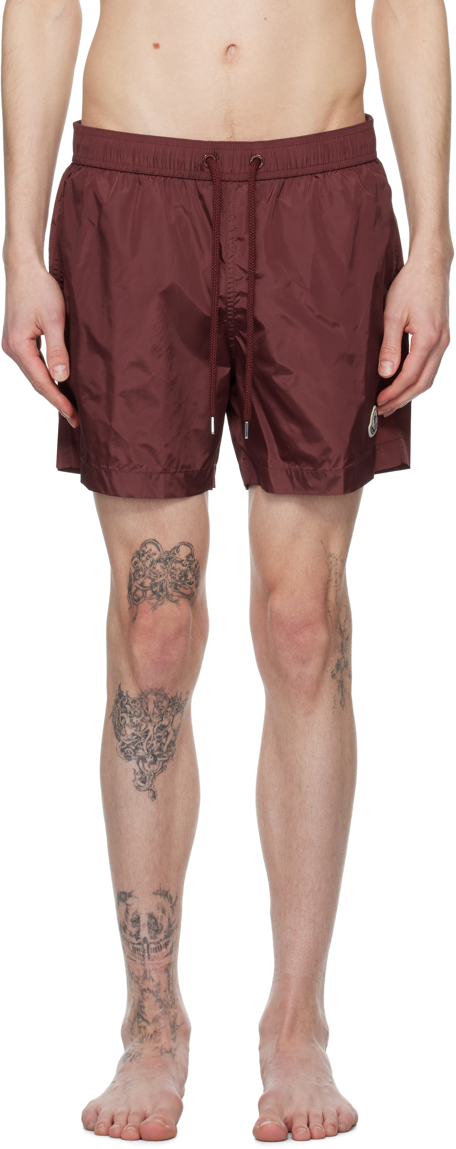 Moncler: Burgundy Logo Patch Swim Shorts | SSENSE