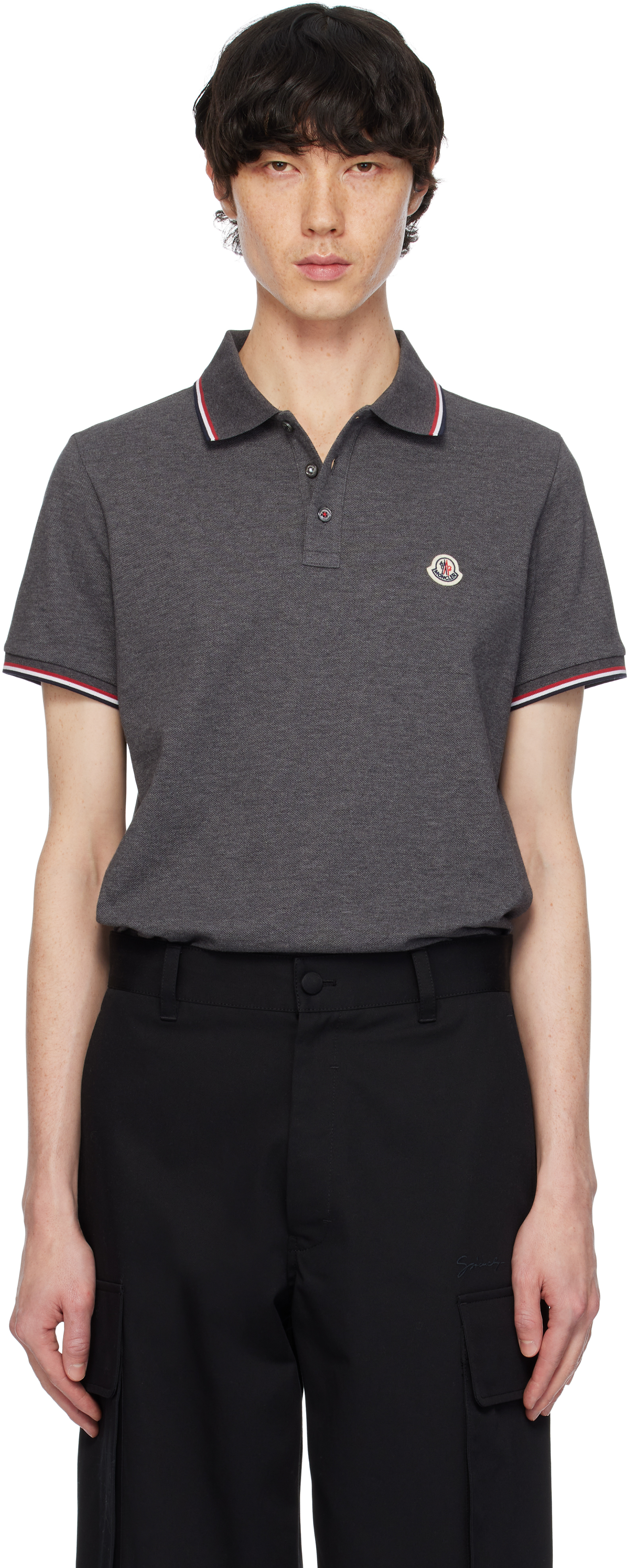 Moncler: Gray Tricolor-Trimmed Cotton Piquet Polo | SSENSE