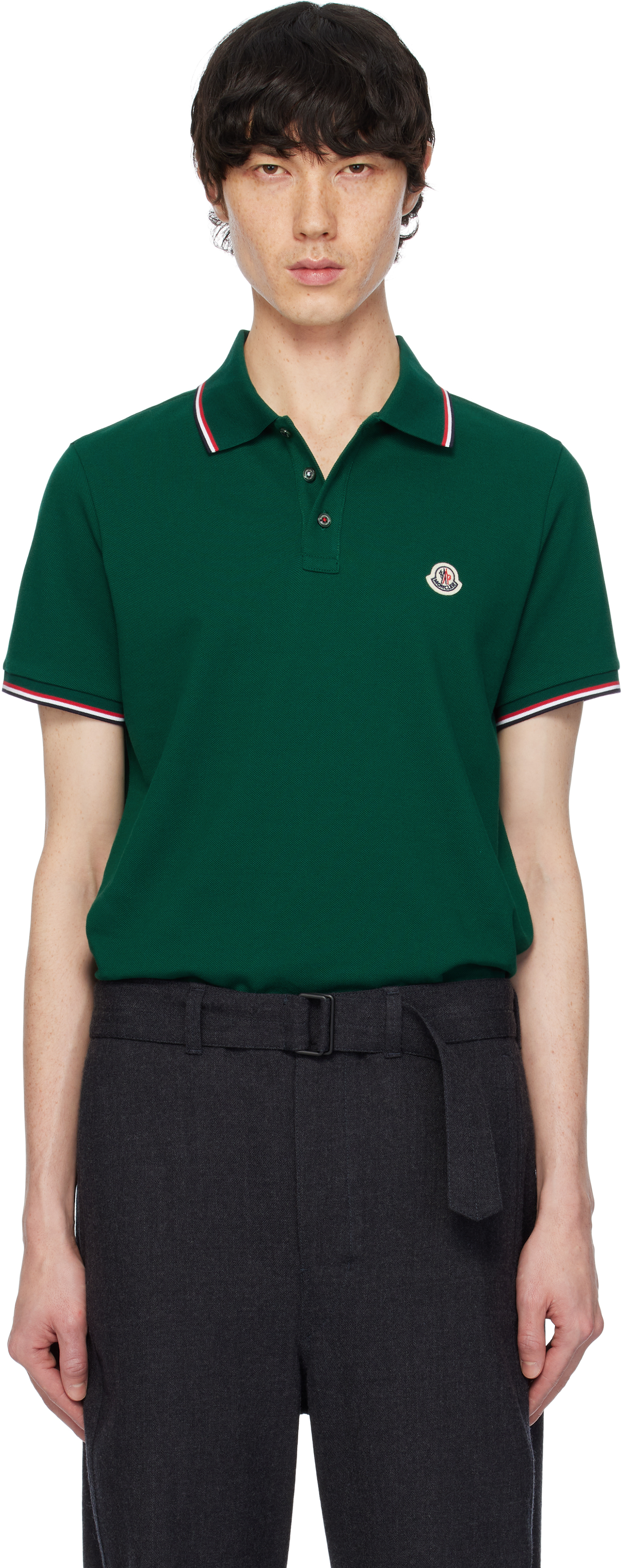 Green Tricolor-Trimmed Cotton Piquet Polo